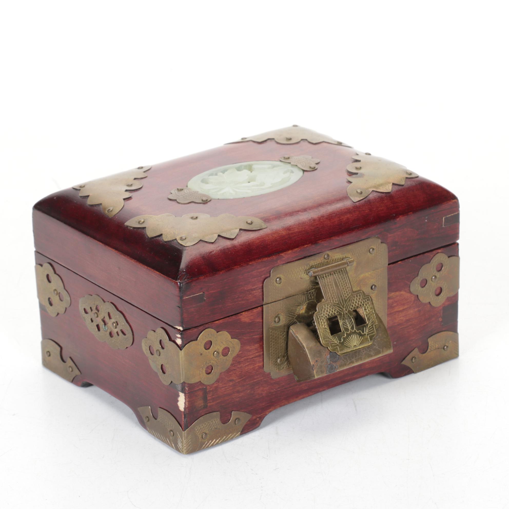 Chinese Serpentine Inlay Brass Mounted Wooden Boxes