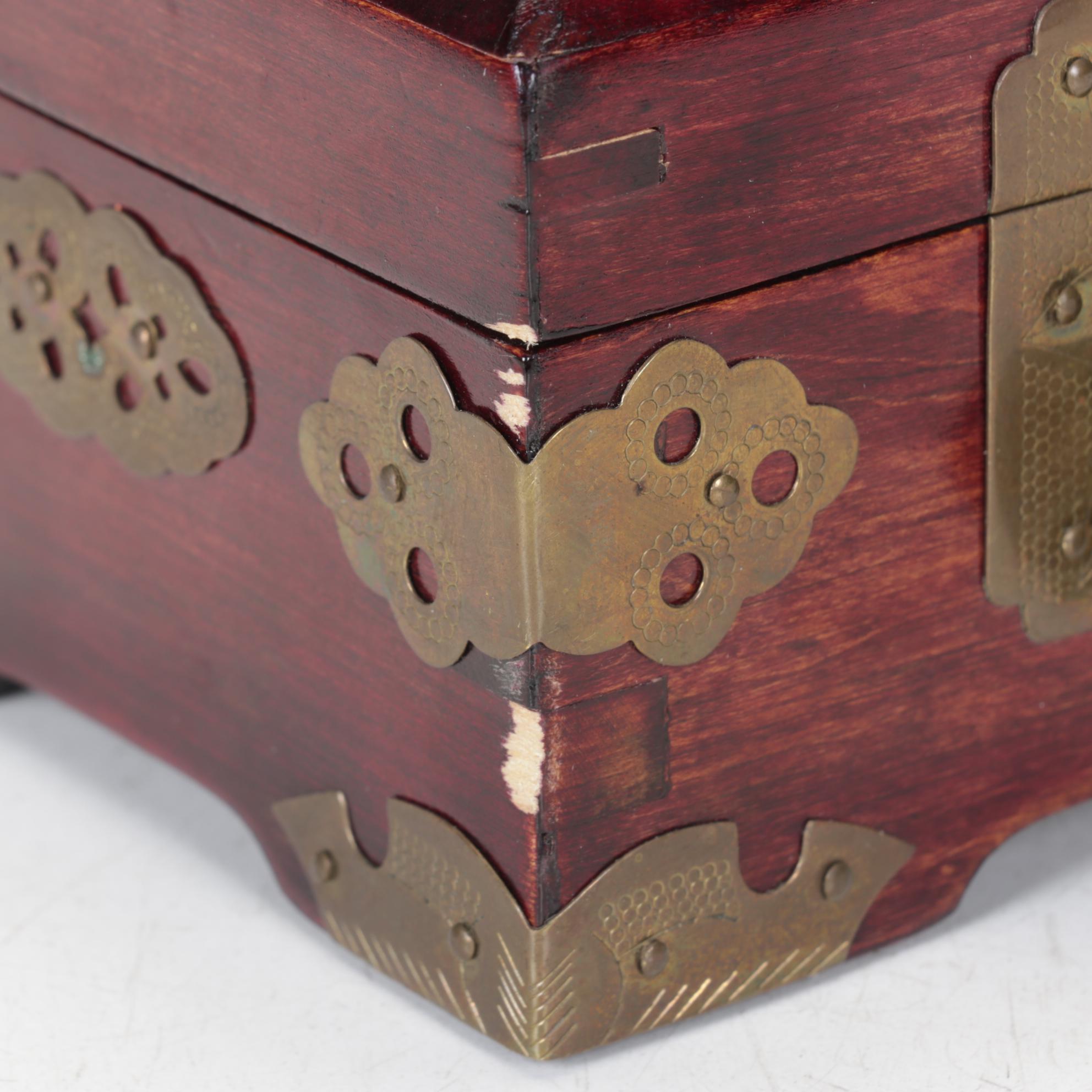 Chinese Serpentine Inlay Brass Mounted Wooden Boxes