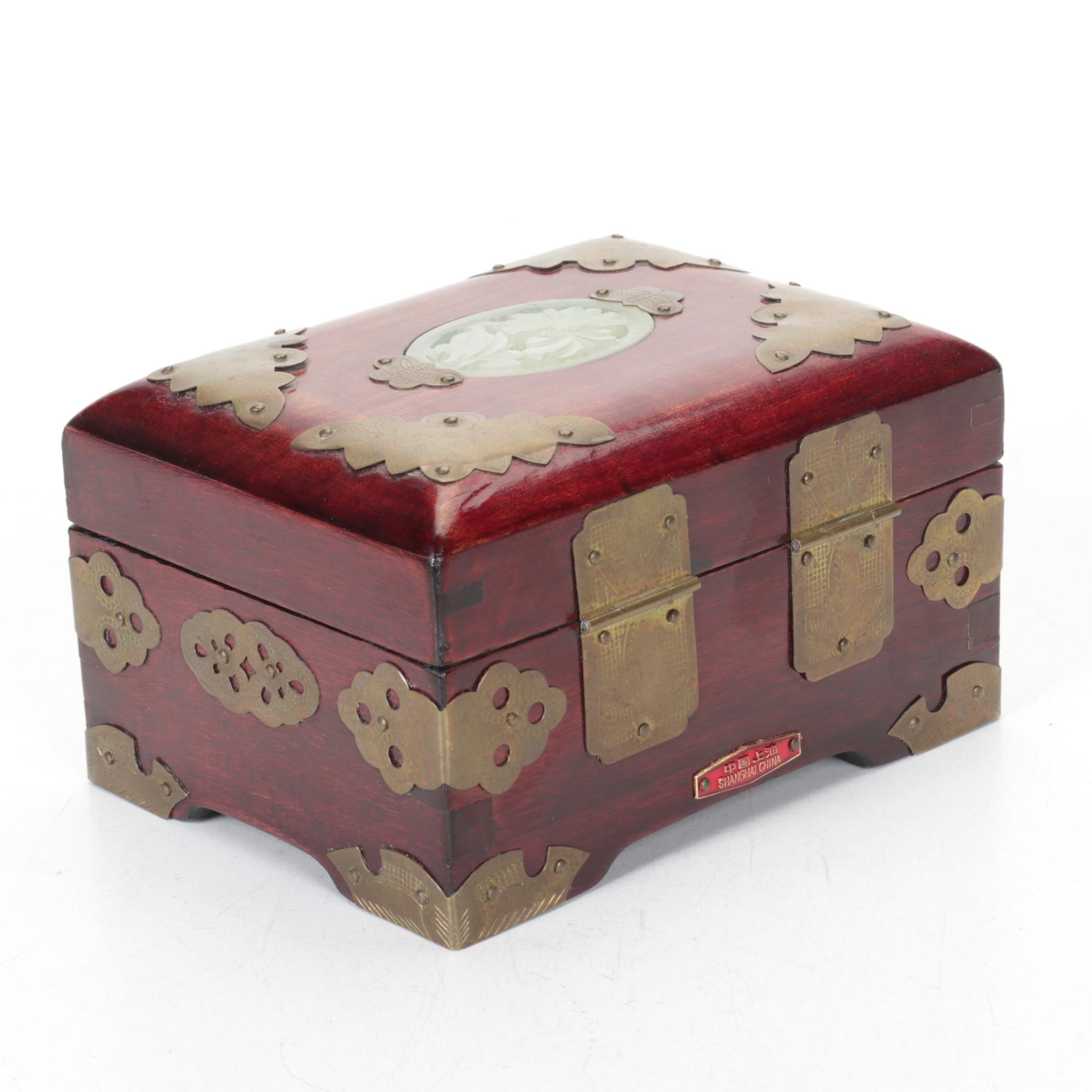 Chinese Serpentine Inlay Brass Mounted Wooden Boxes