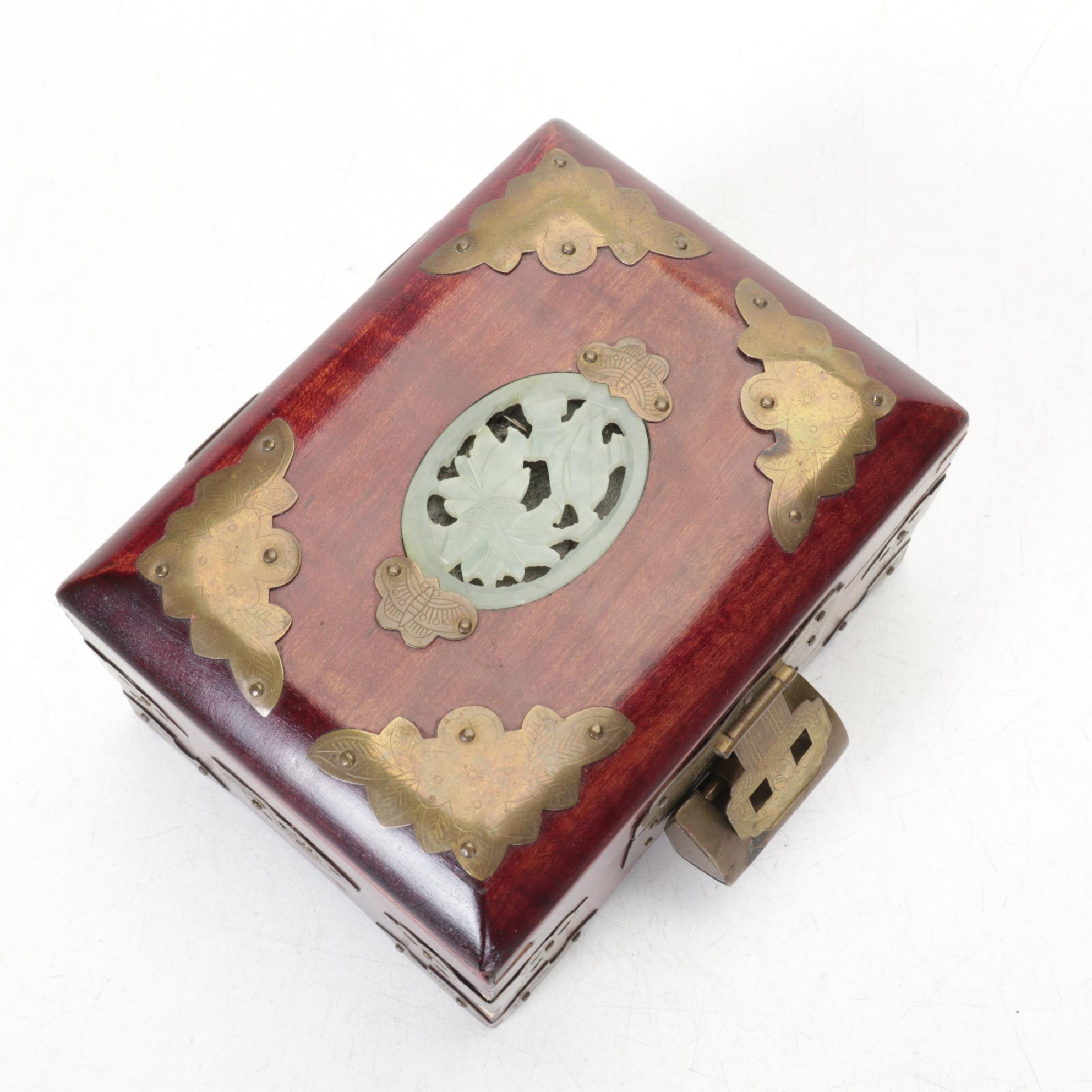 Chinese Serpentine Inlay Brass Mounted Wooden Boxes