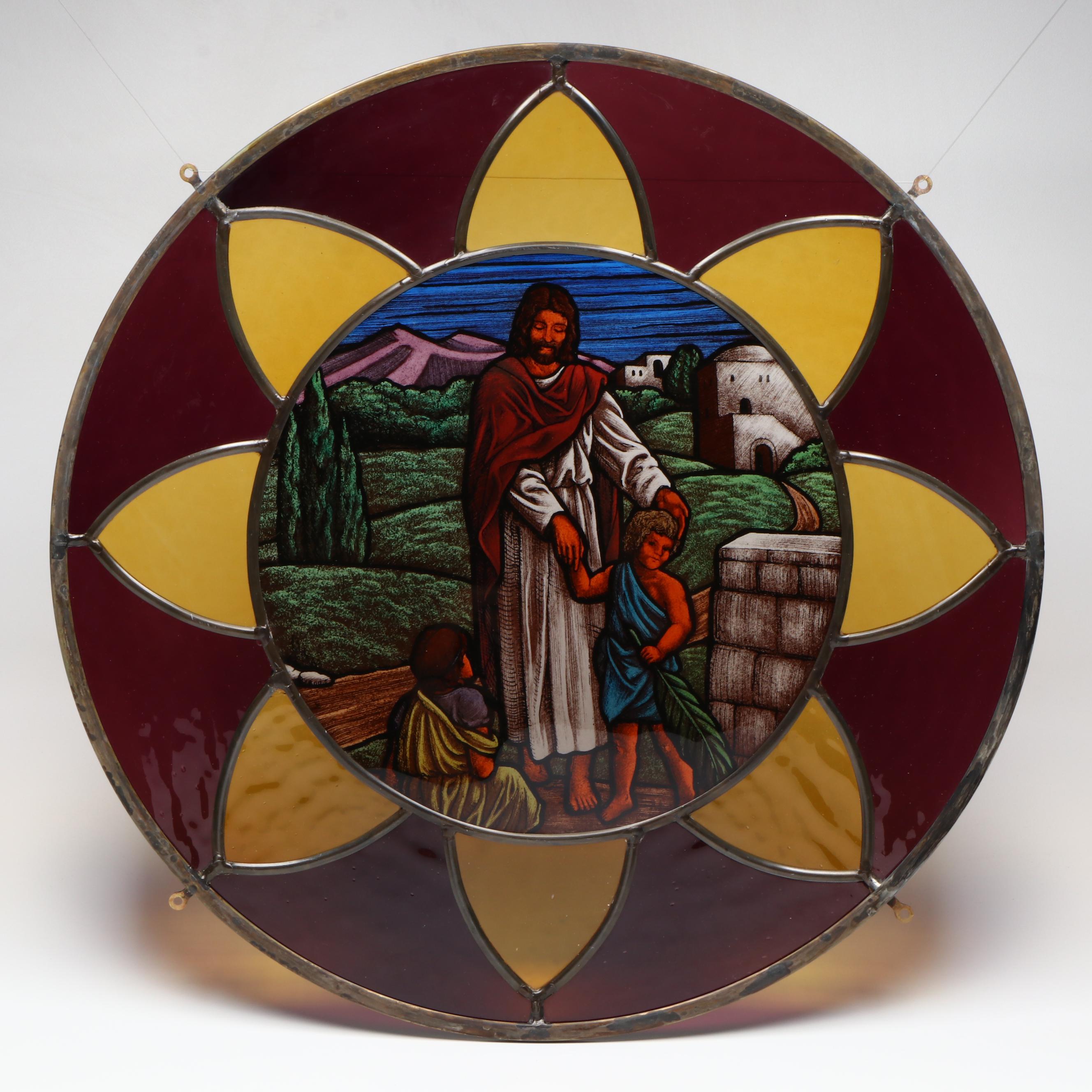 Hand-Painted Jesus with Children Blenko Glass Rosette Window Hanging