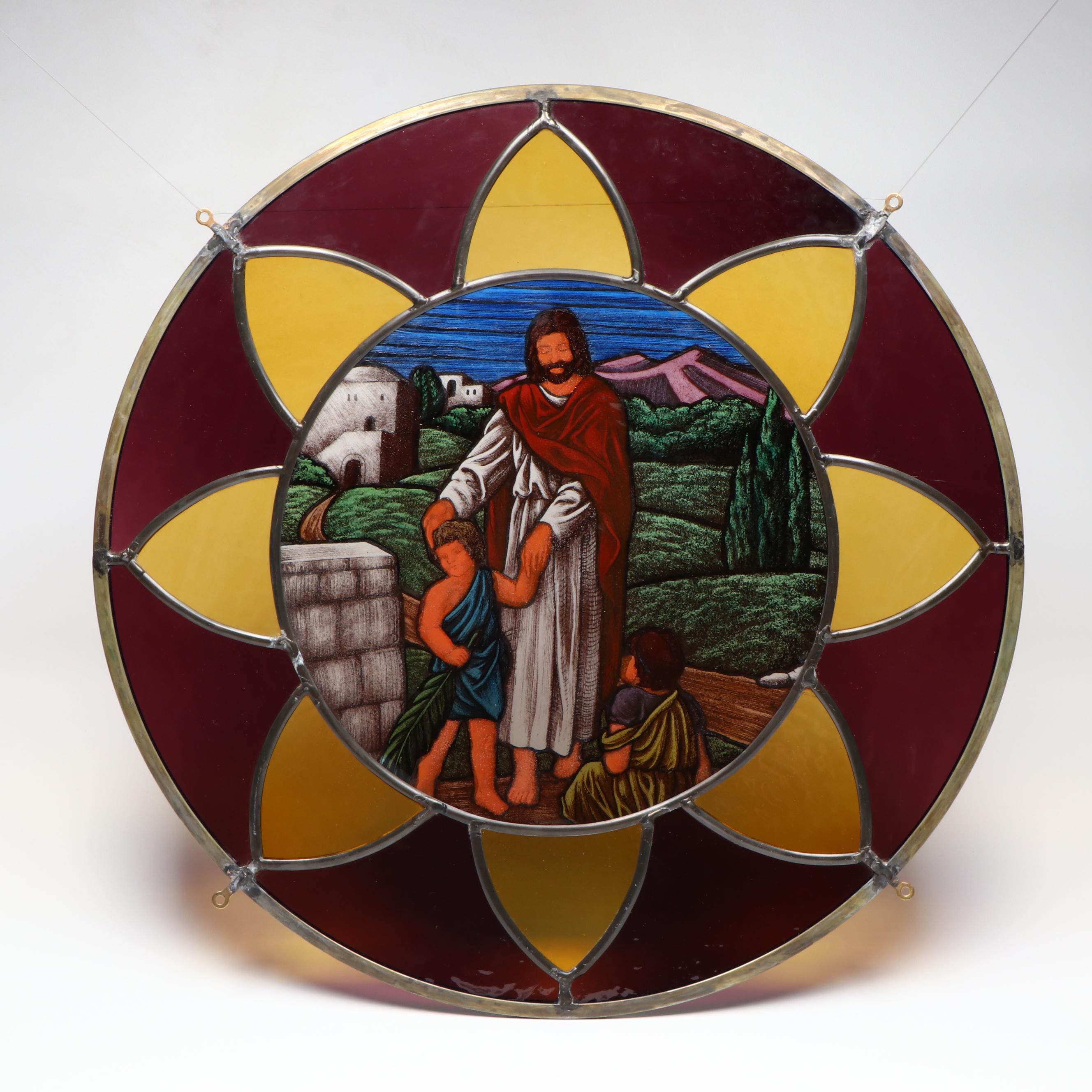 Hand-Painted Jesus with Children Blenko Glass Rosette Window Hanging