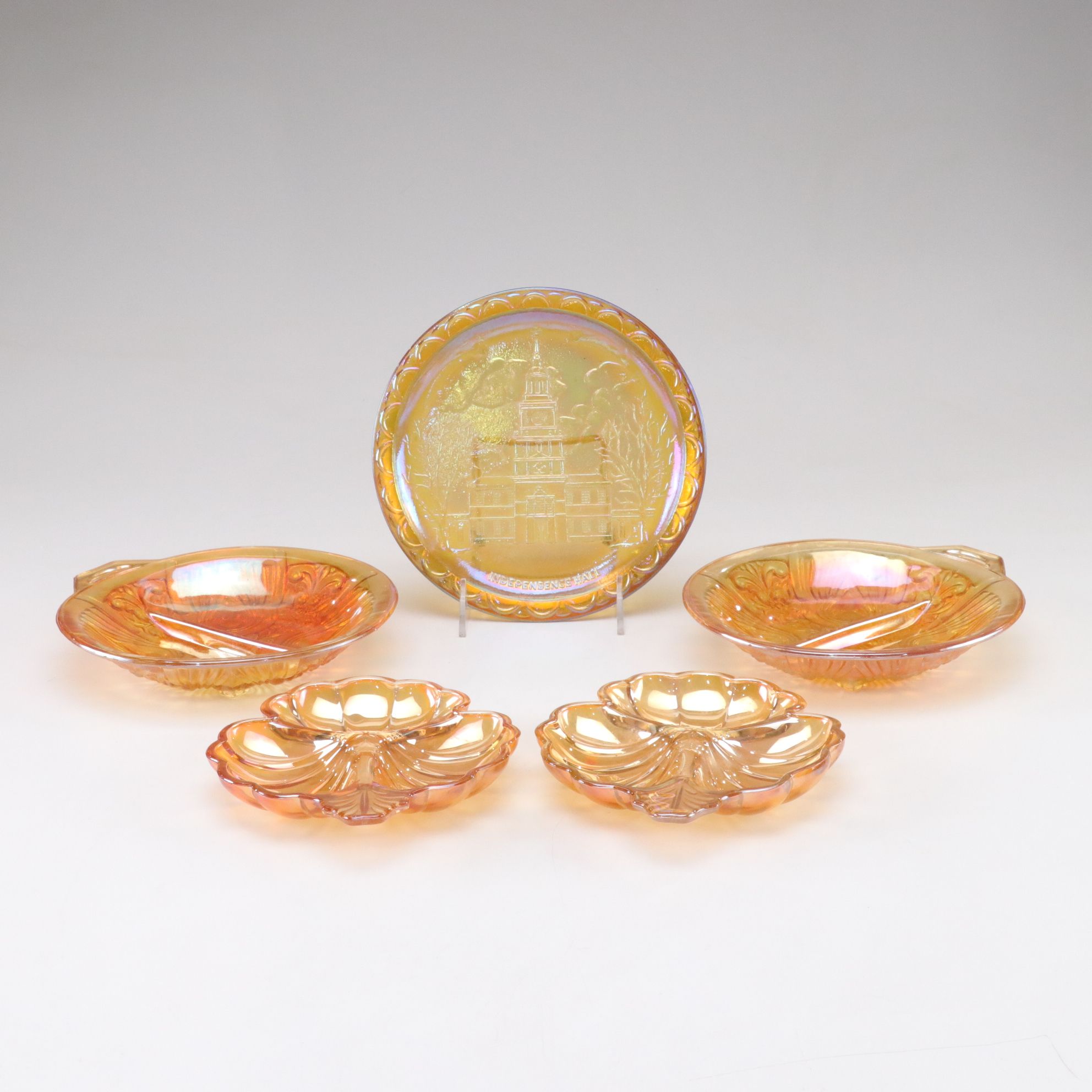 Marigold Clover Leaf and Indiana Glass "Killarney" Carnival Glass Divided Dishes