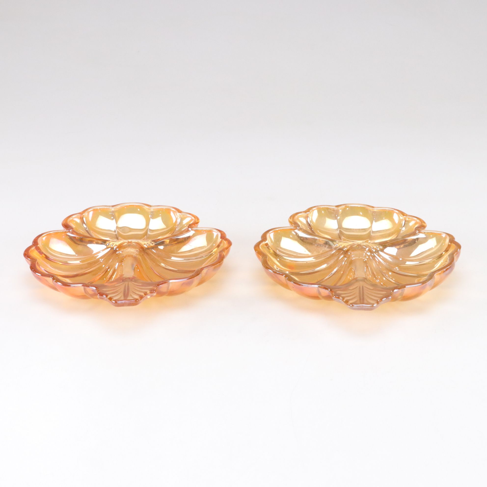 Marigold Clover Leaf and Indiana Glass "Killarney" Carnival Glass Divided Dishes