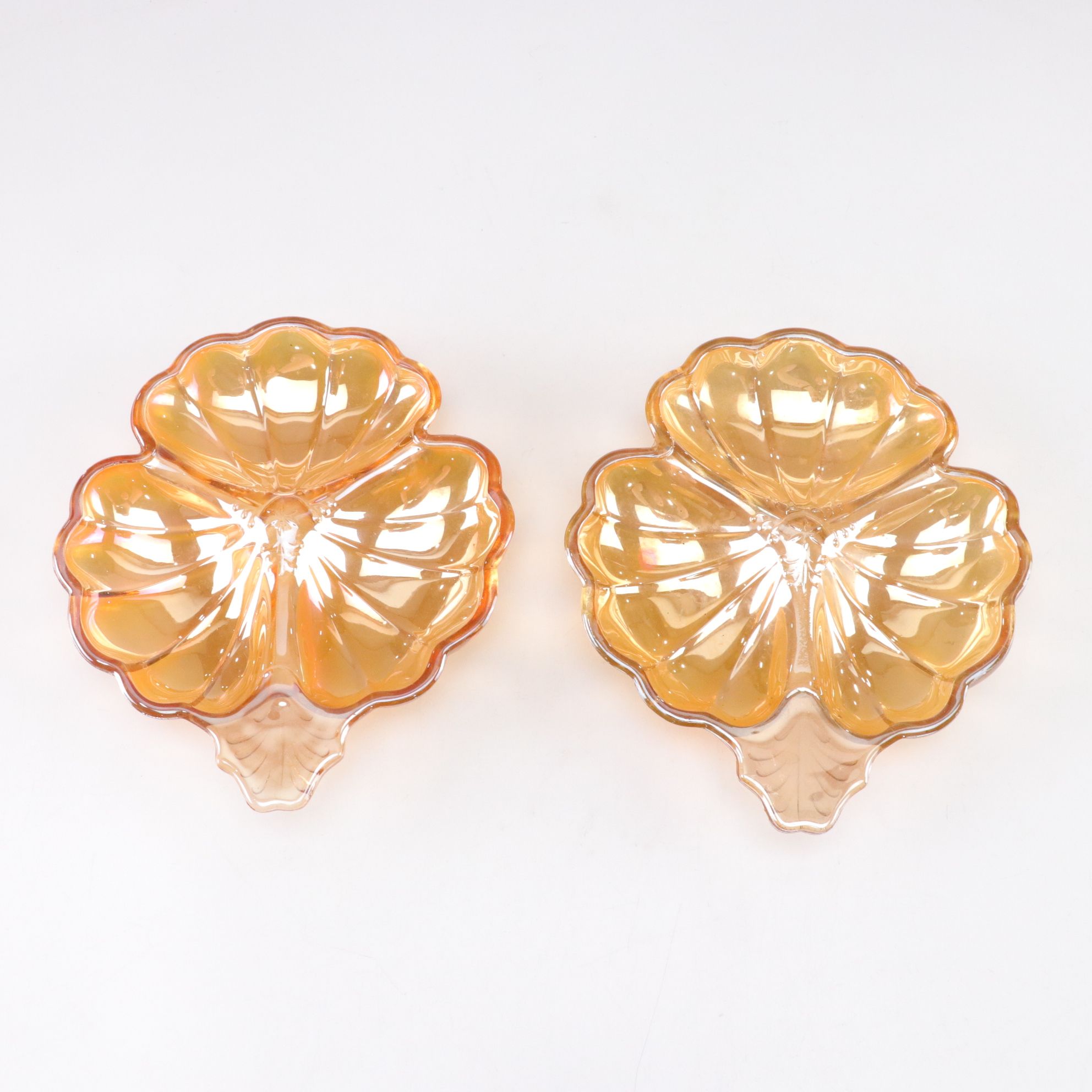 Marigold Clover Leaf and Indiana Glass "Killarney" Carnival Glass Divided Dishes