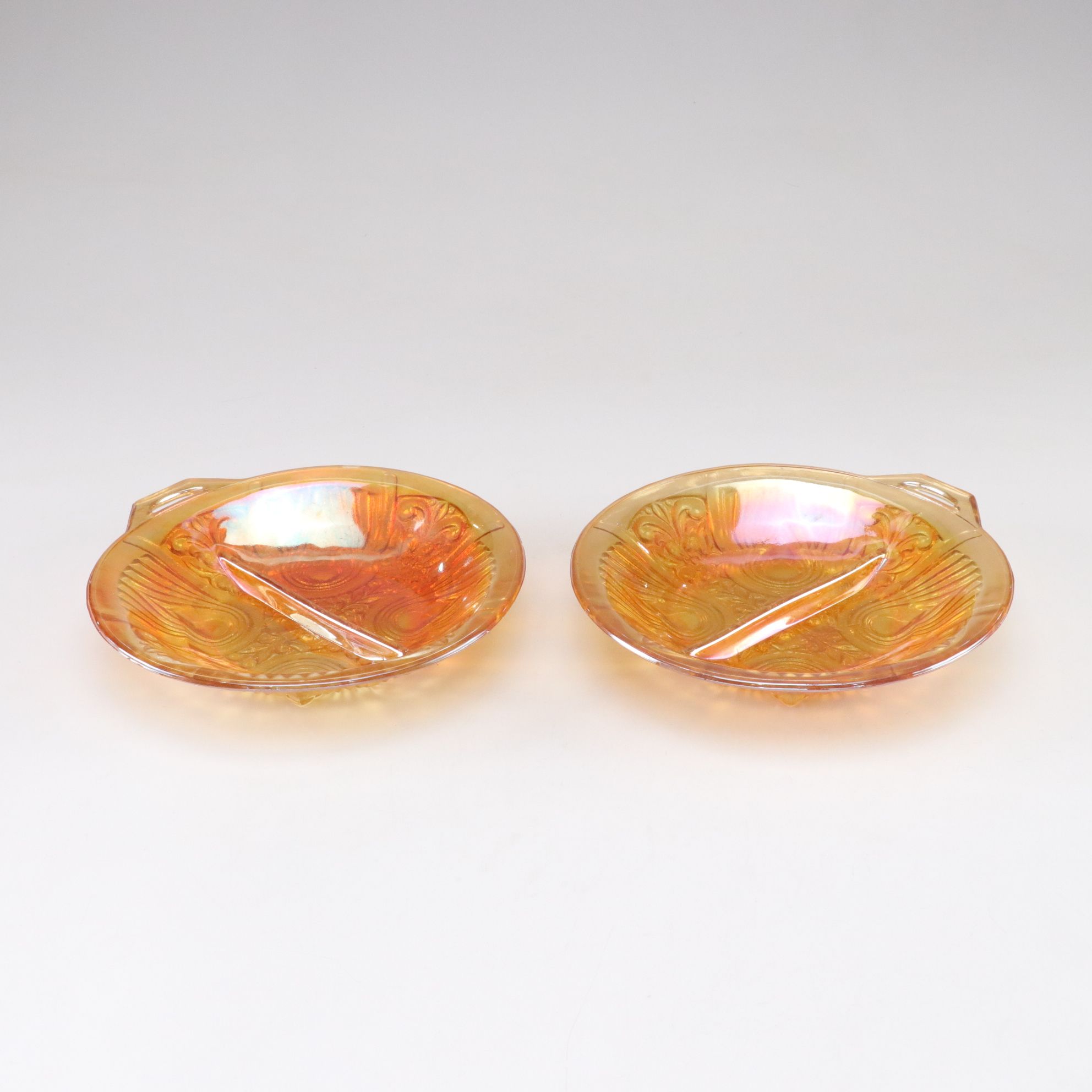 Marigold Clover Leaf and Indiana Glass "Killarney" Carnival Glass Divided Dishes