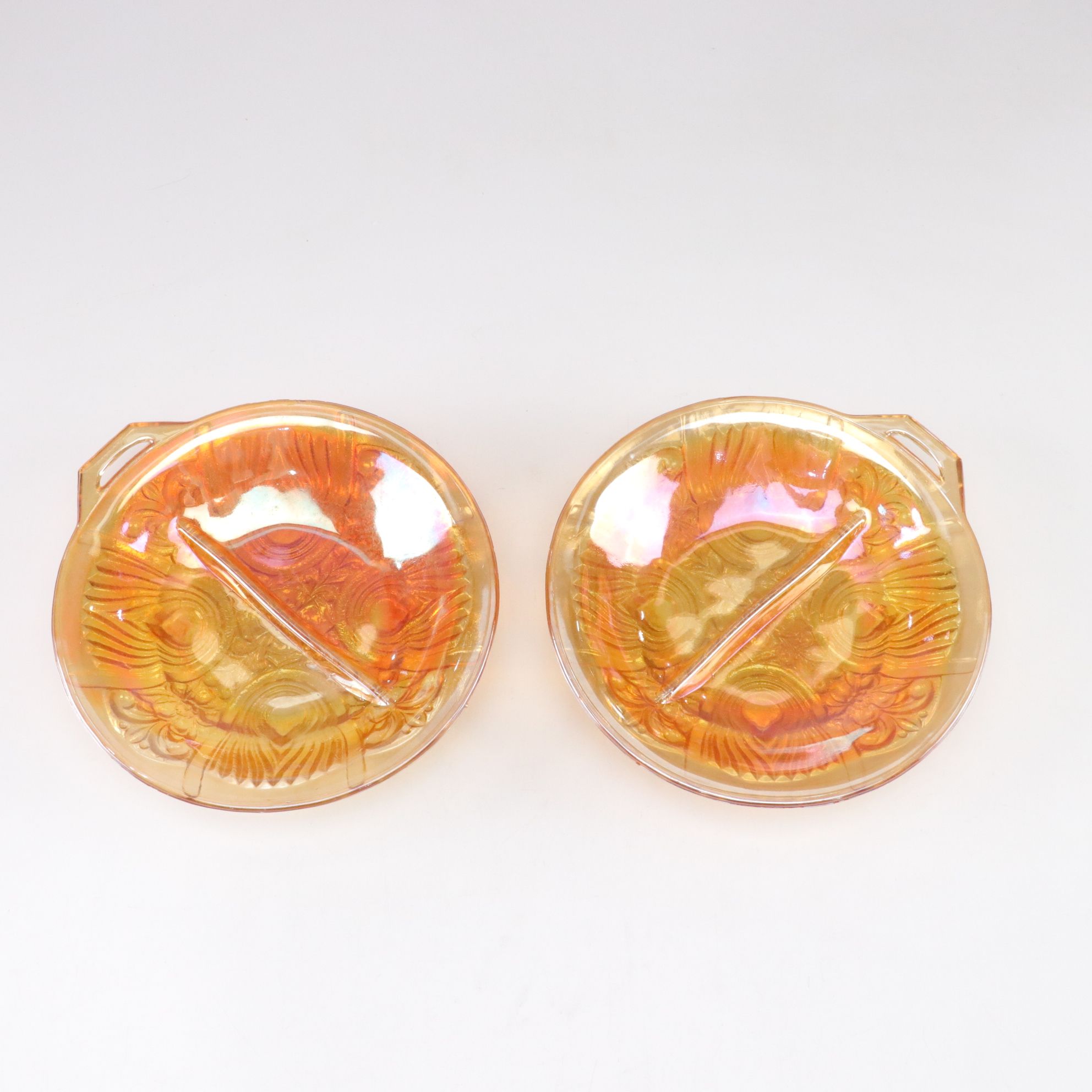 Marigold Clover Leaf and Indiana Glass "Killarney" Carnival Glass Divided Dishes