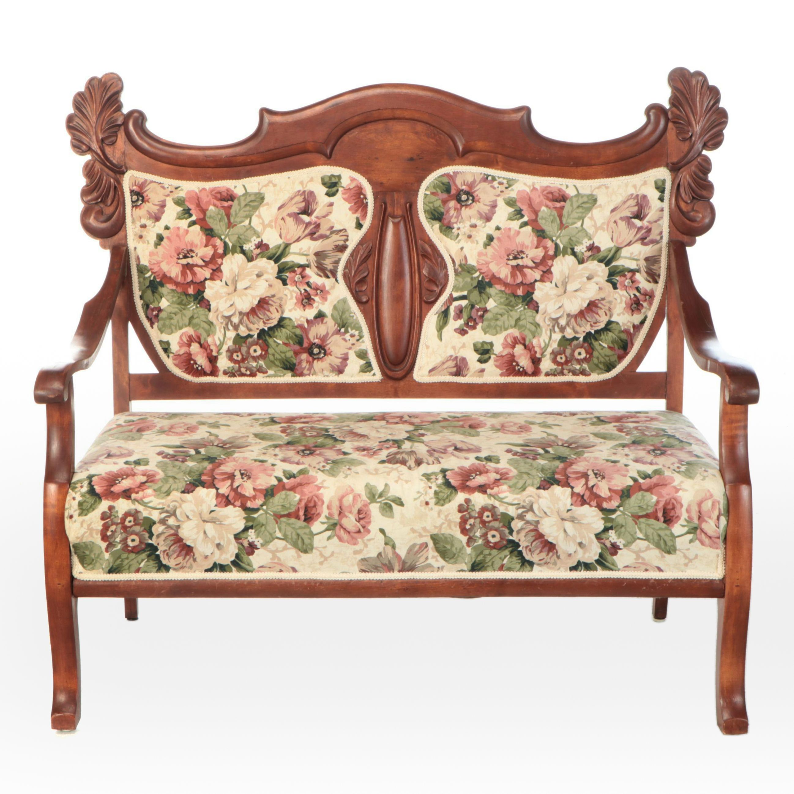 Victorian Style Floral Upholstered and Carved Walnut Settee