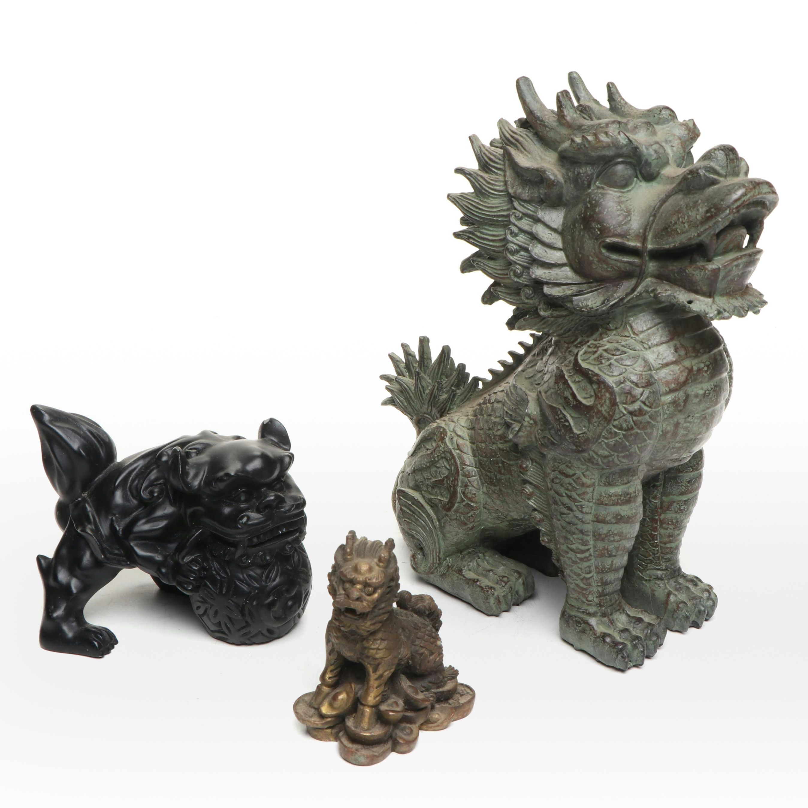 Brass Qilin on Coins, with Verdigris Qilin and Black Resin Guardian Lion