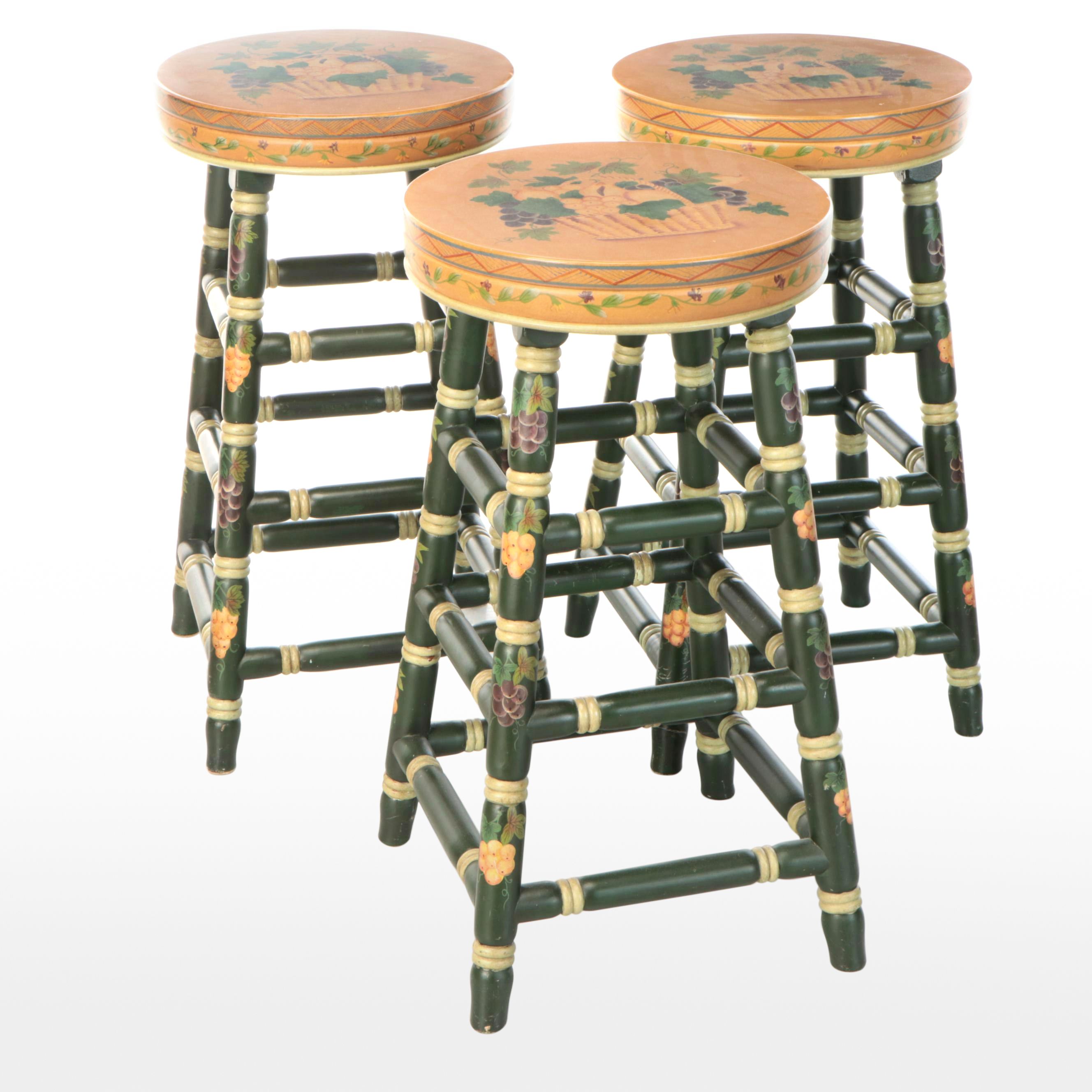 Set of Three Grape Motif Painted Wood Barstools