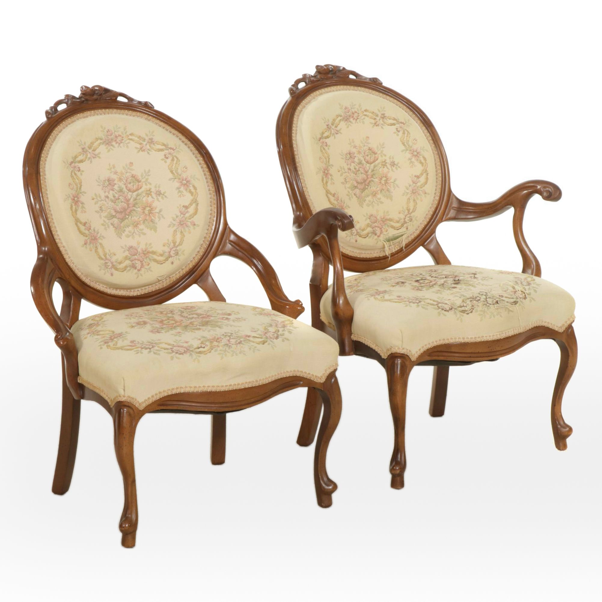 Pair of Louis XV Style Carved Walnut Oval Back Chairs