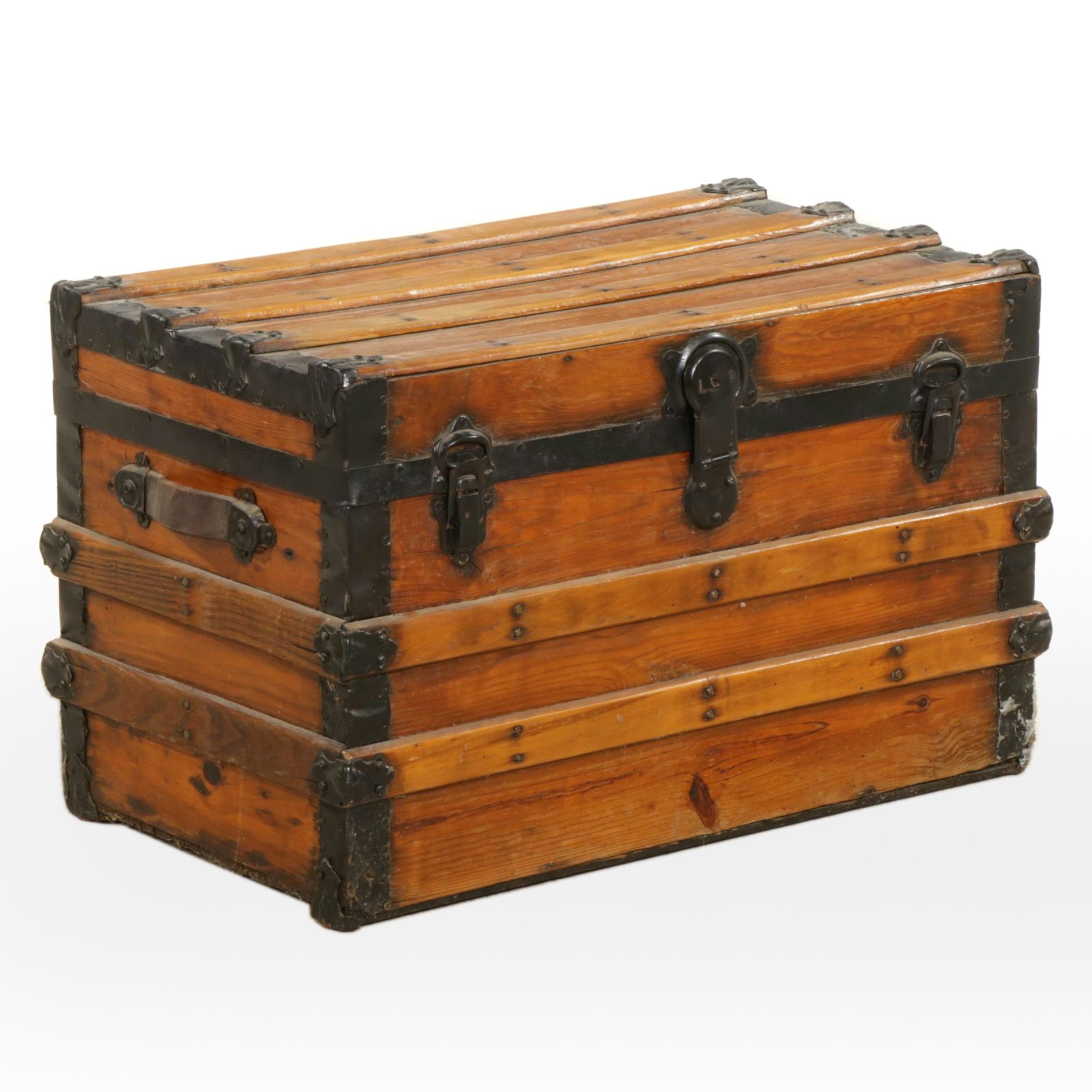 Flat Top Wood Steamer Trunk with Metal Trim, Early 20th Century