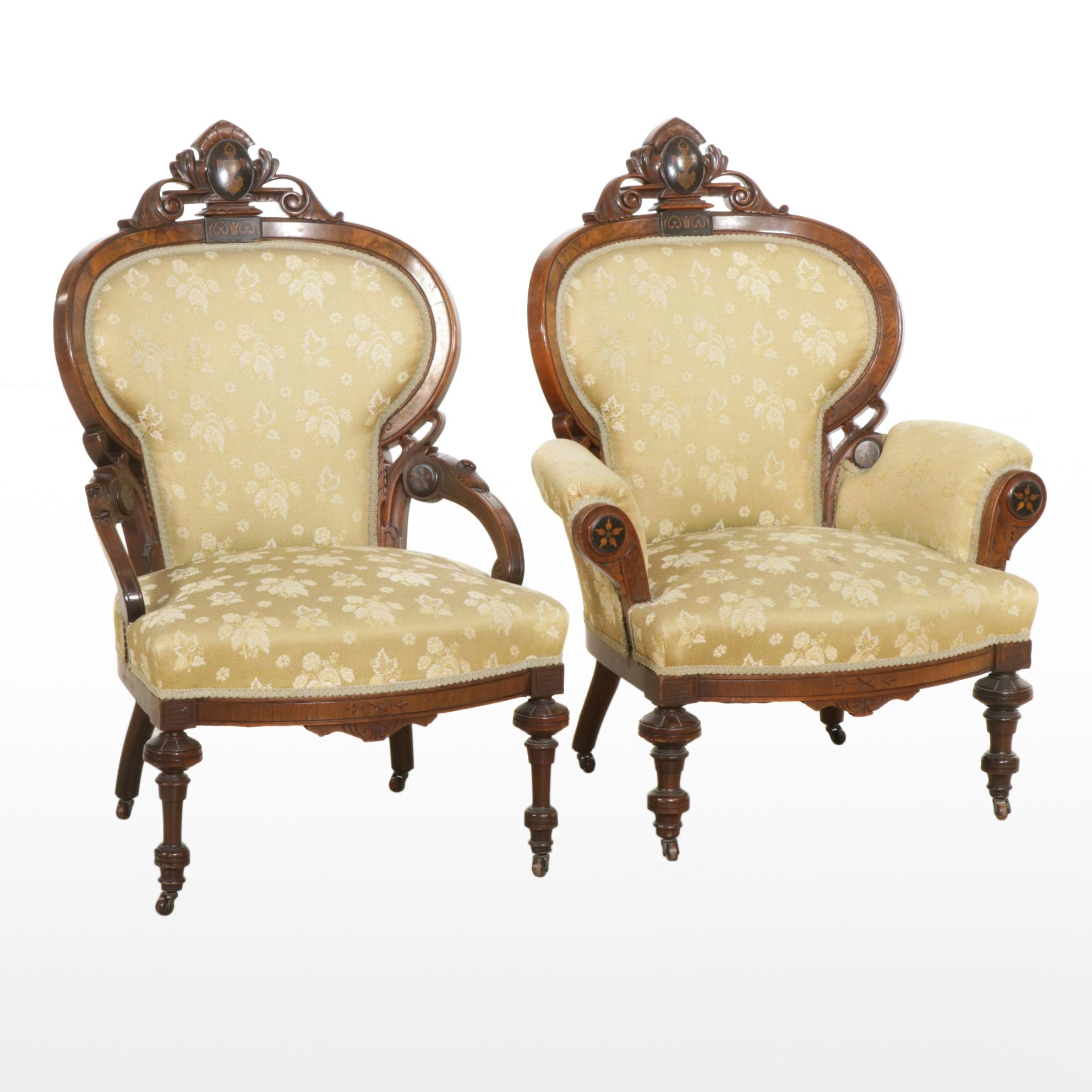 Victorian Carved Walnut Parlor Chairs with Burl Wood Veneer