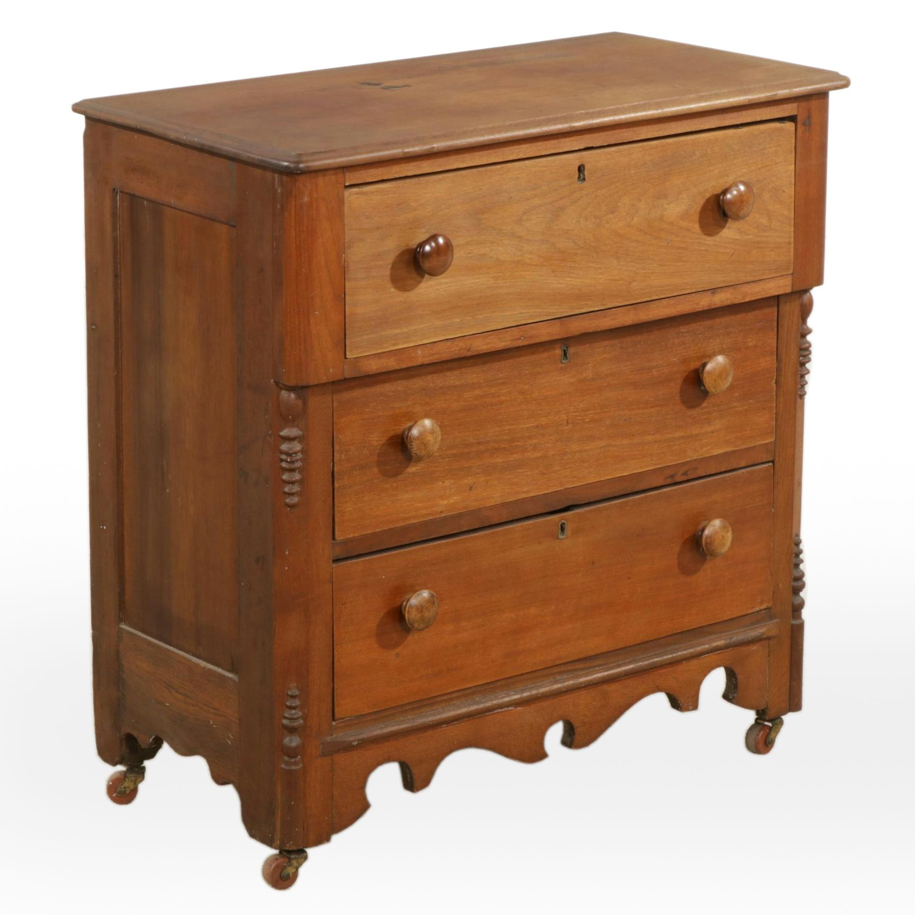 American Empire Style Walnut Three-Drawer Chest, Mid to Late 19th Century