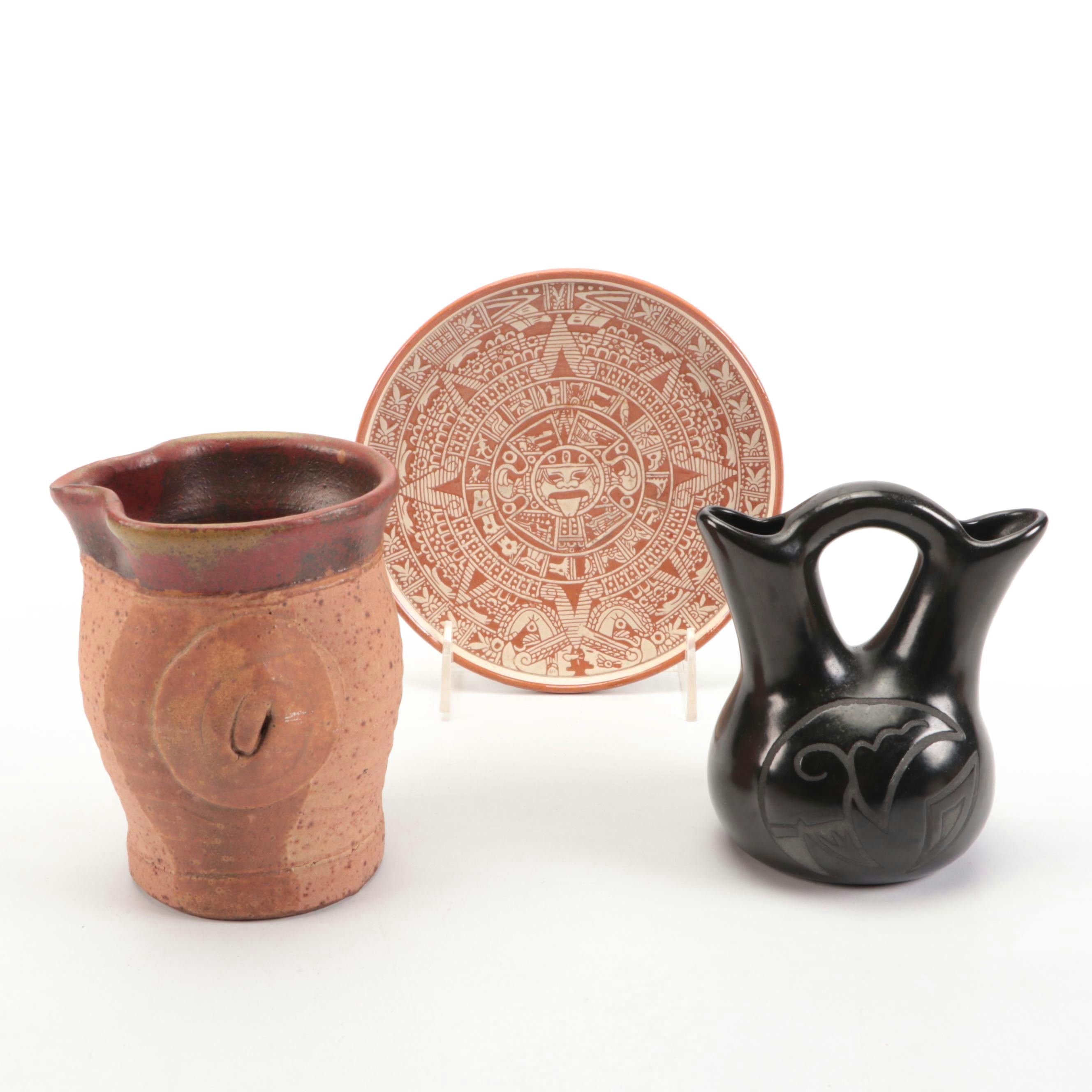Alfareia Jimenez Pottery Aztec Calendar Charger with Wedding Vase and Pitcher
