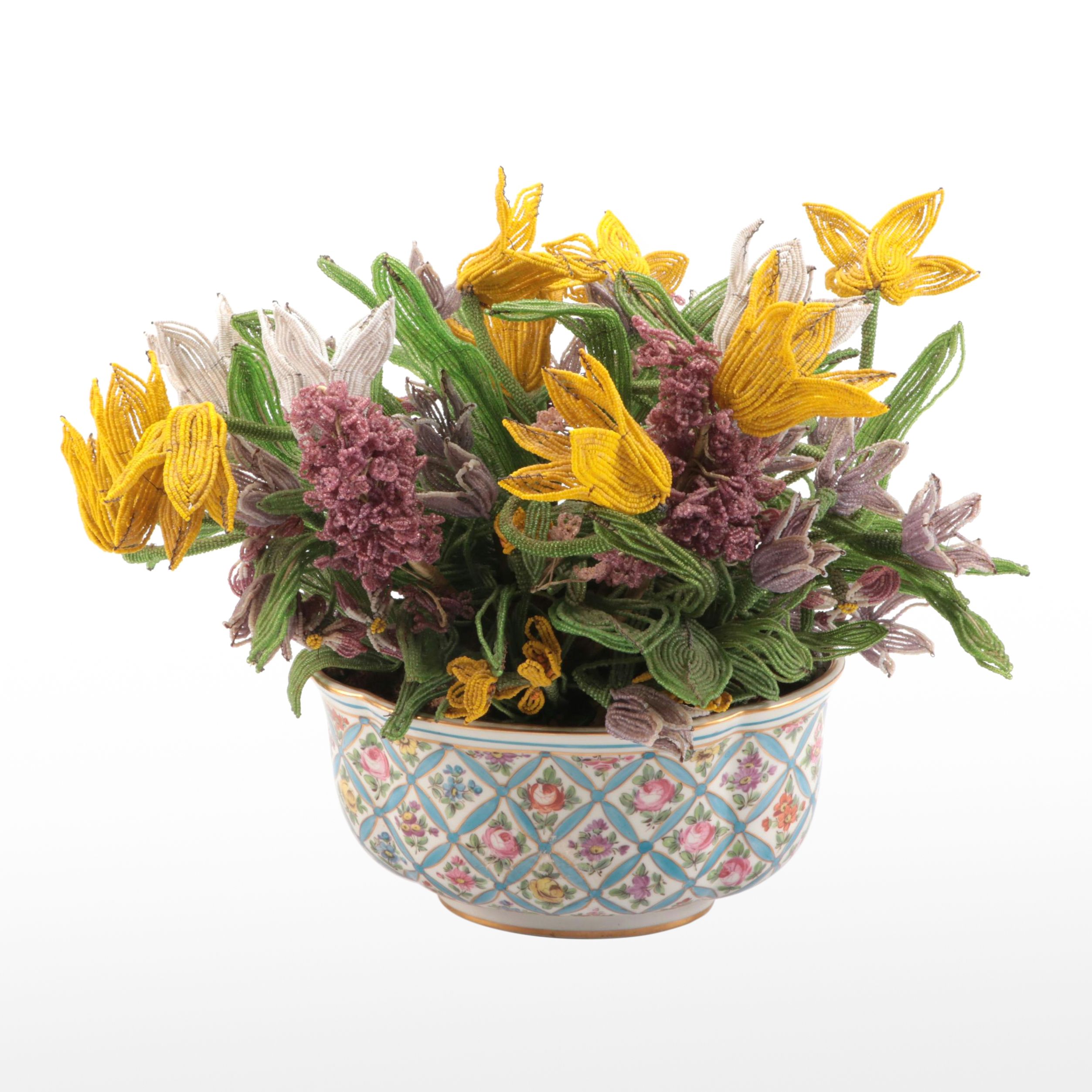 French Beaded Flower Bouquet with Porcelain Vase