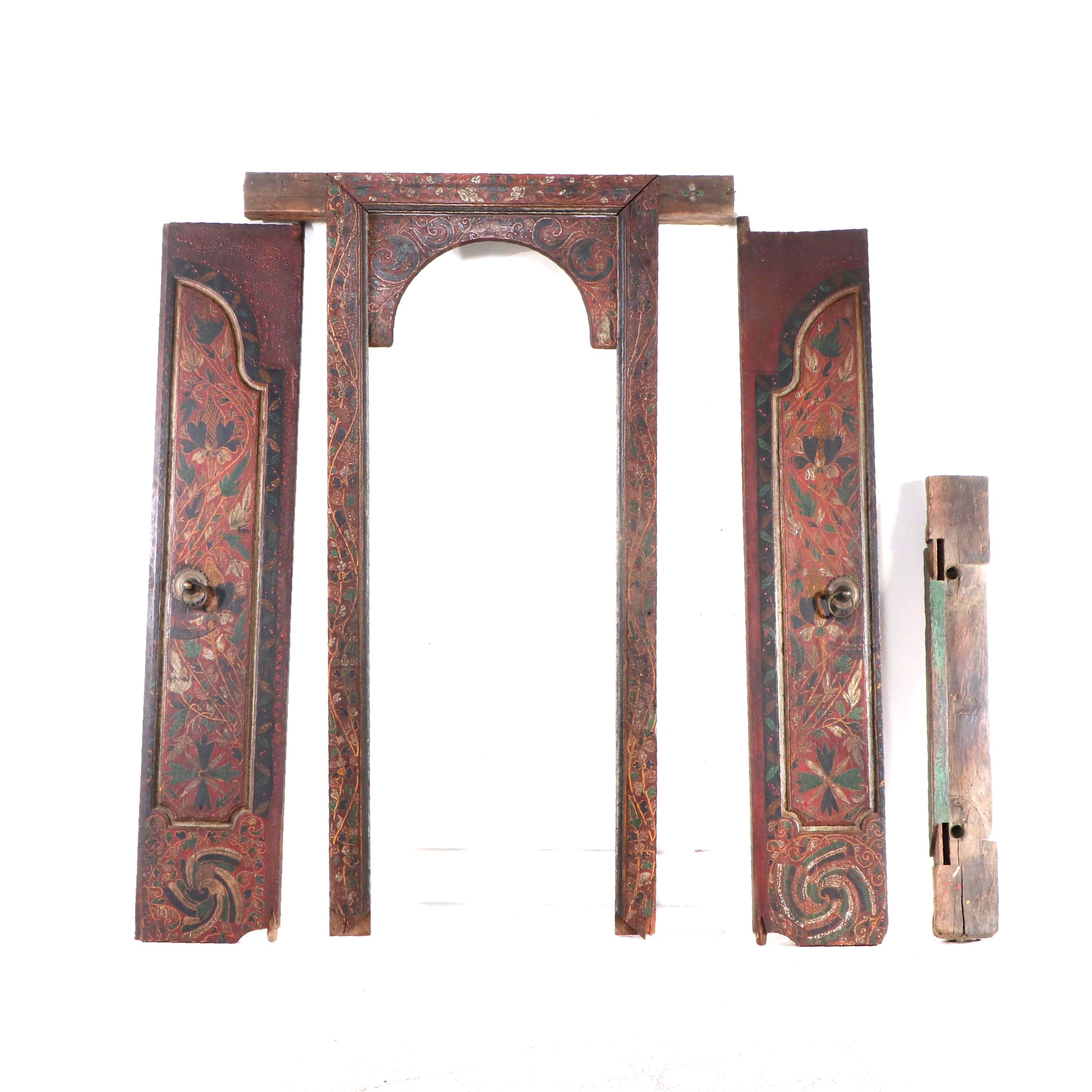 Architectural Salvage Hand-Painted Wooden Door Arch Panel with Pair of Doors