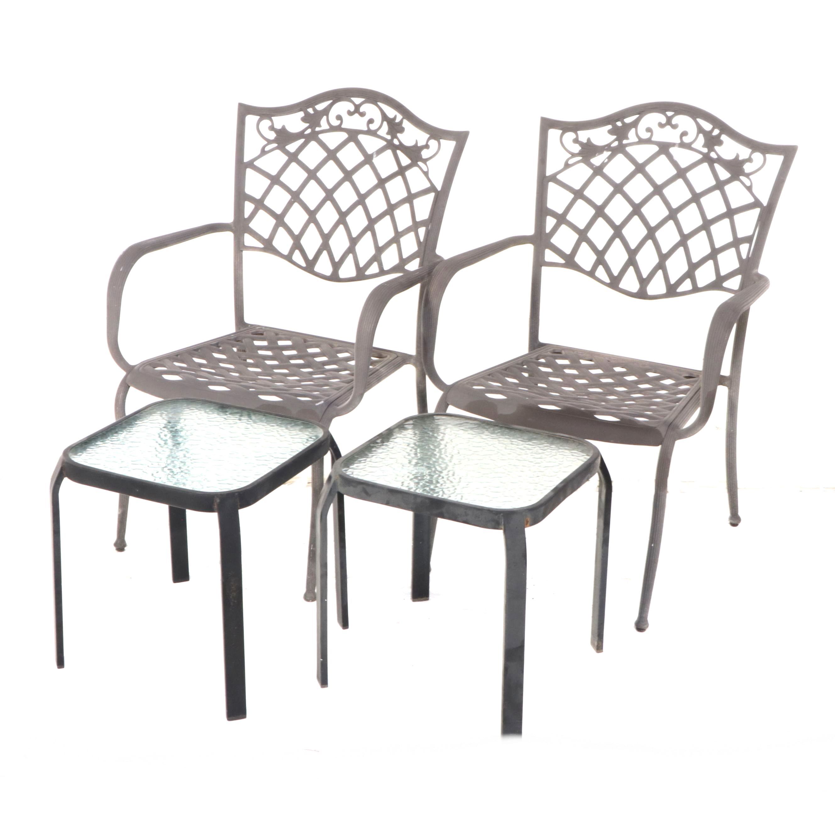 Pair of Cast Aluminum Armchairs with Glass Top End Tables