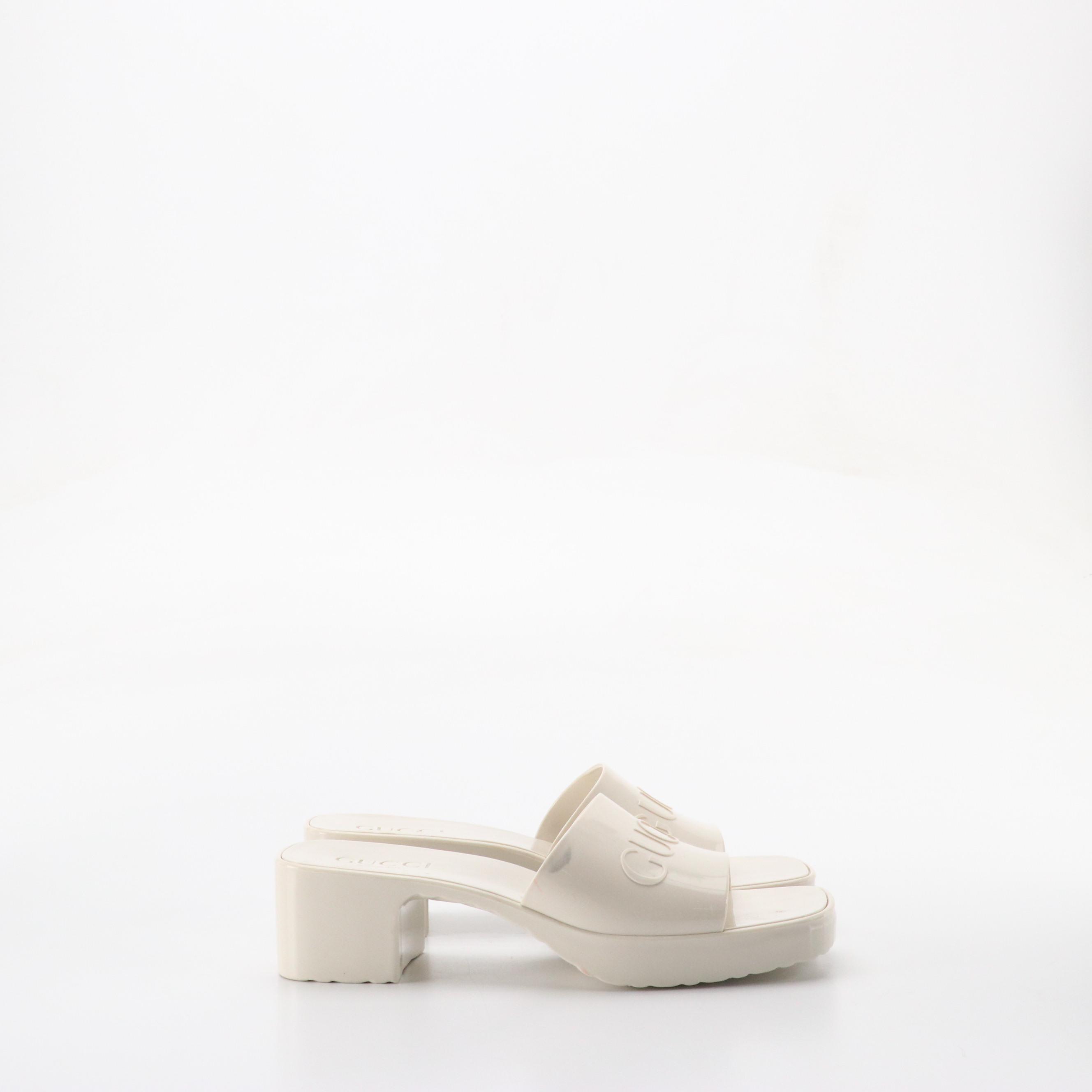 Gucci Logo Platform Slide Sandals in Porcelain Rubber