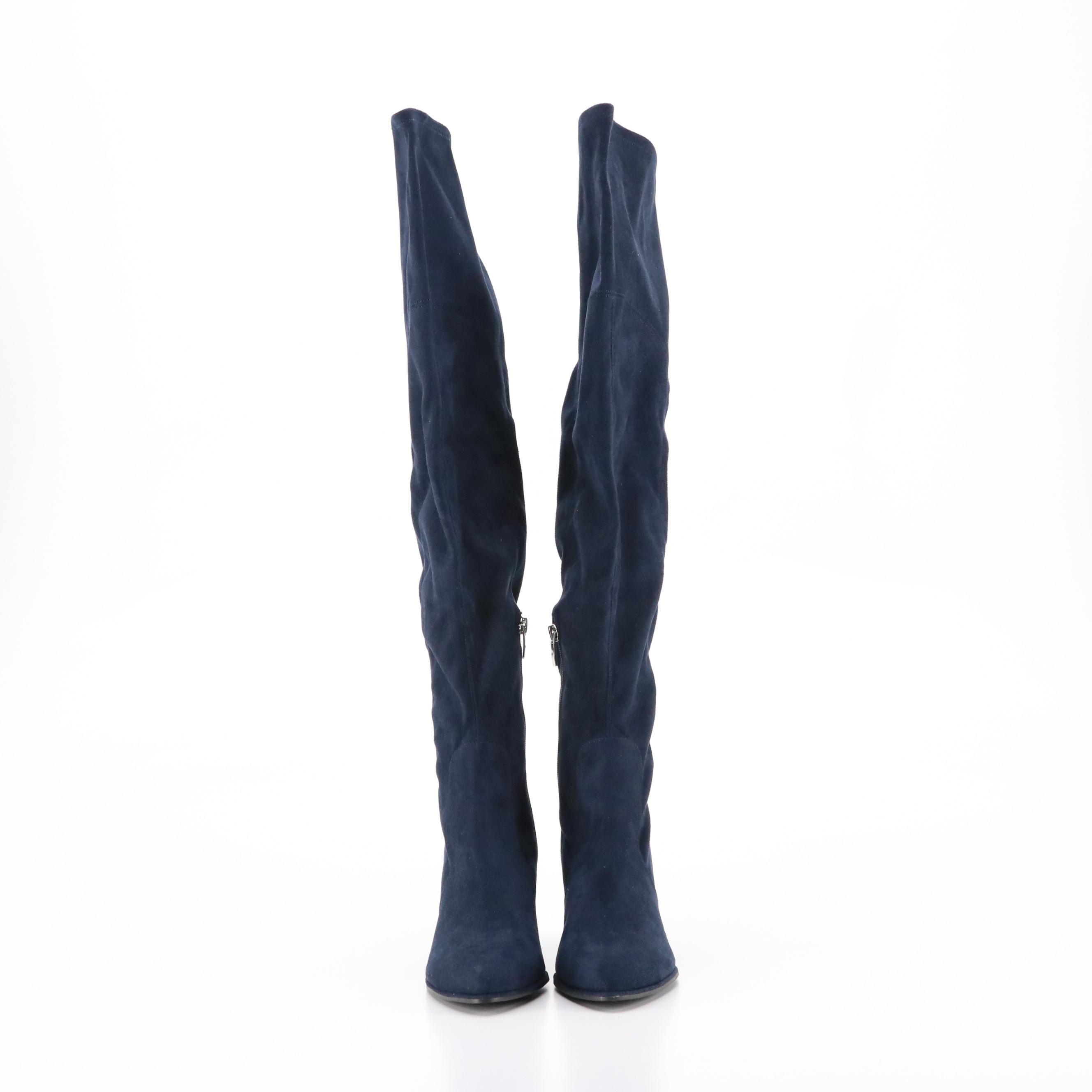 Marc Fisher Luley Over-The-Knee Block Heel Boots in Dark Blue Faux-Suede