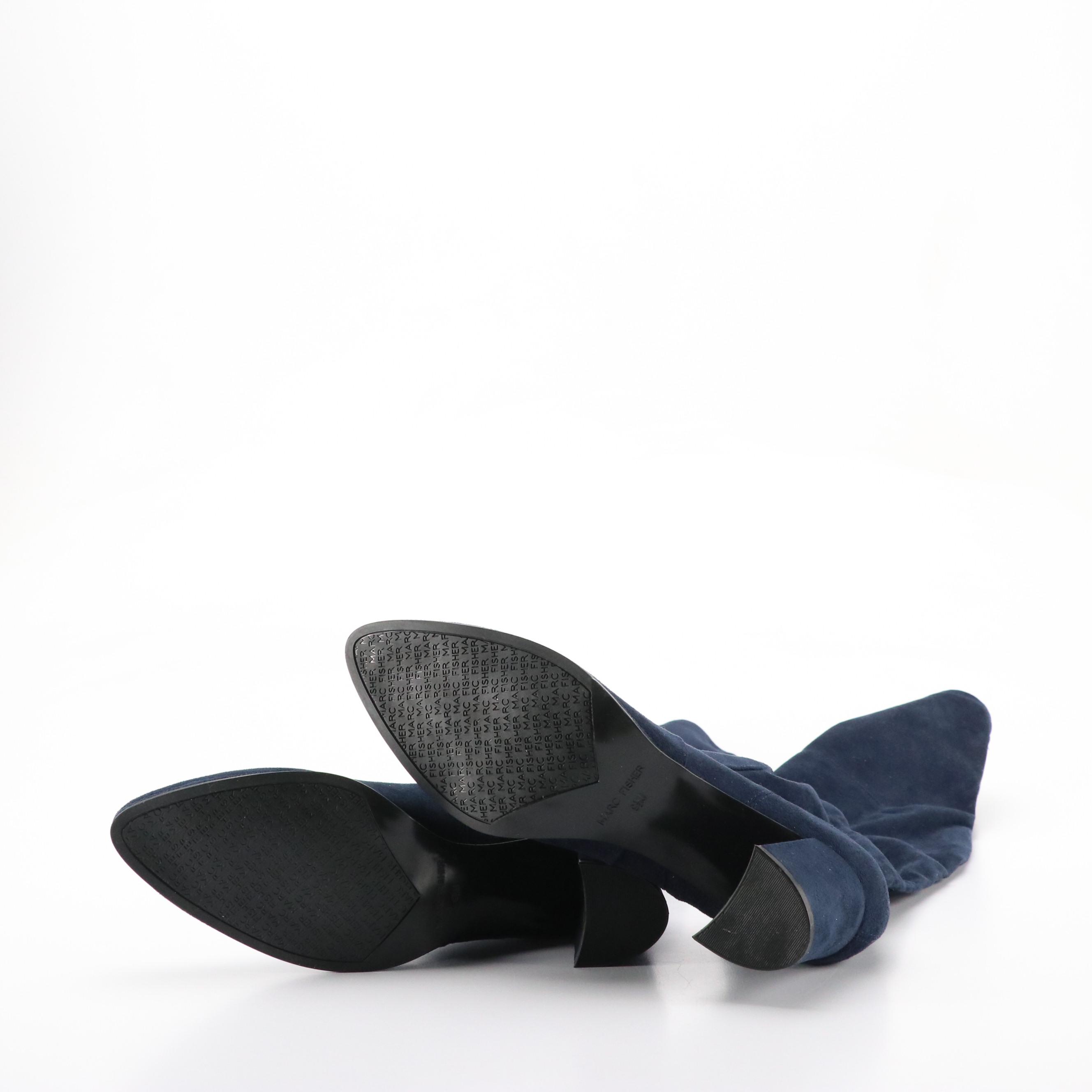 Marc Fisher Luley Over-The-Knee Block Heel Boots in Dark Blue Faux-Suede