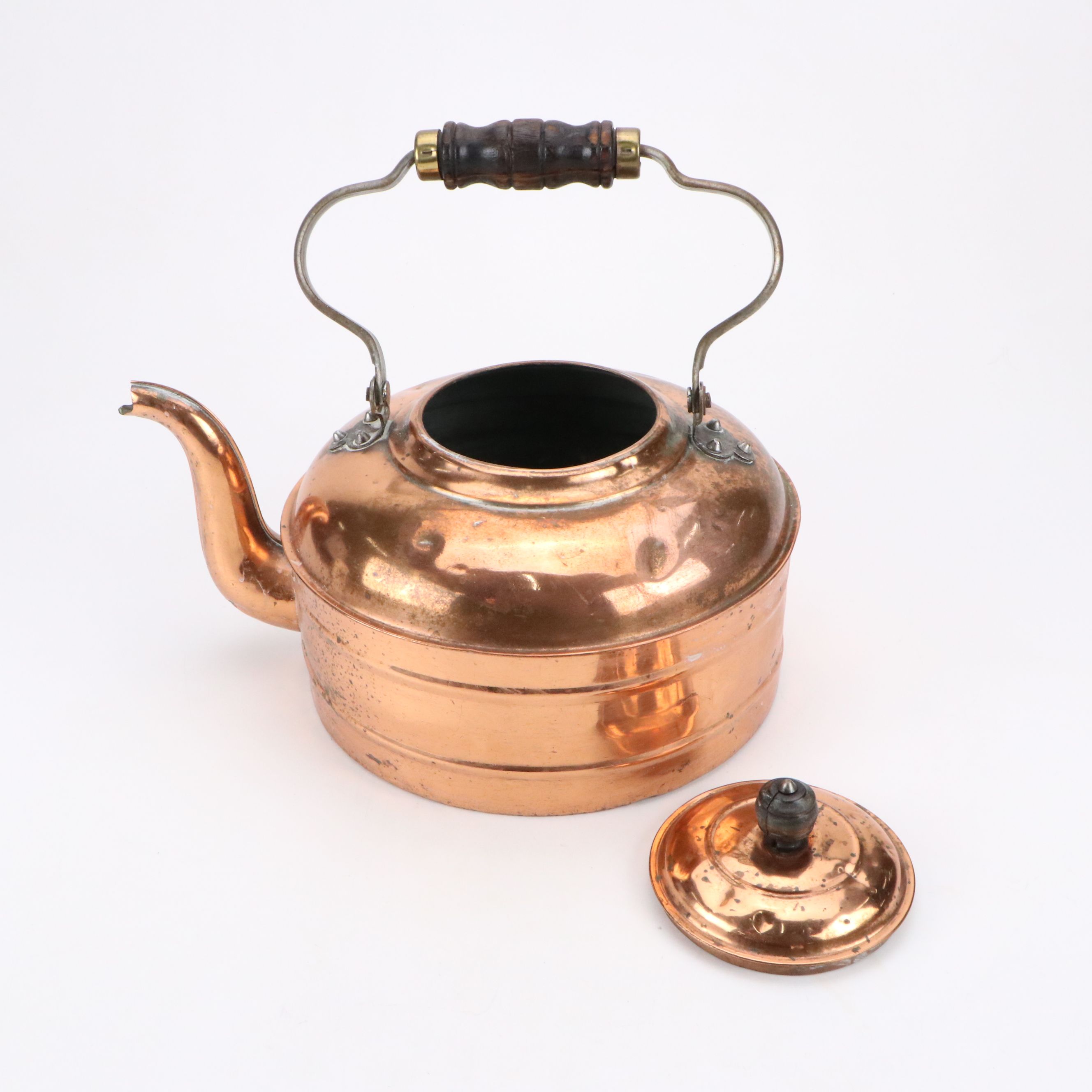 Wood Handled Copper Tea Kettle, Early 20th Century