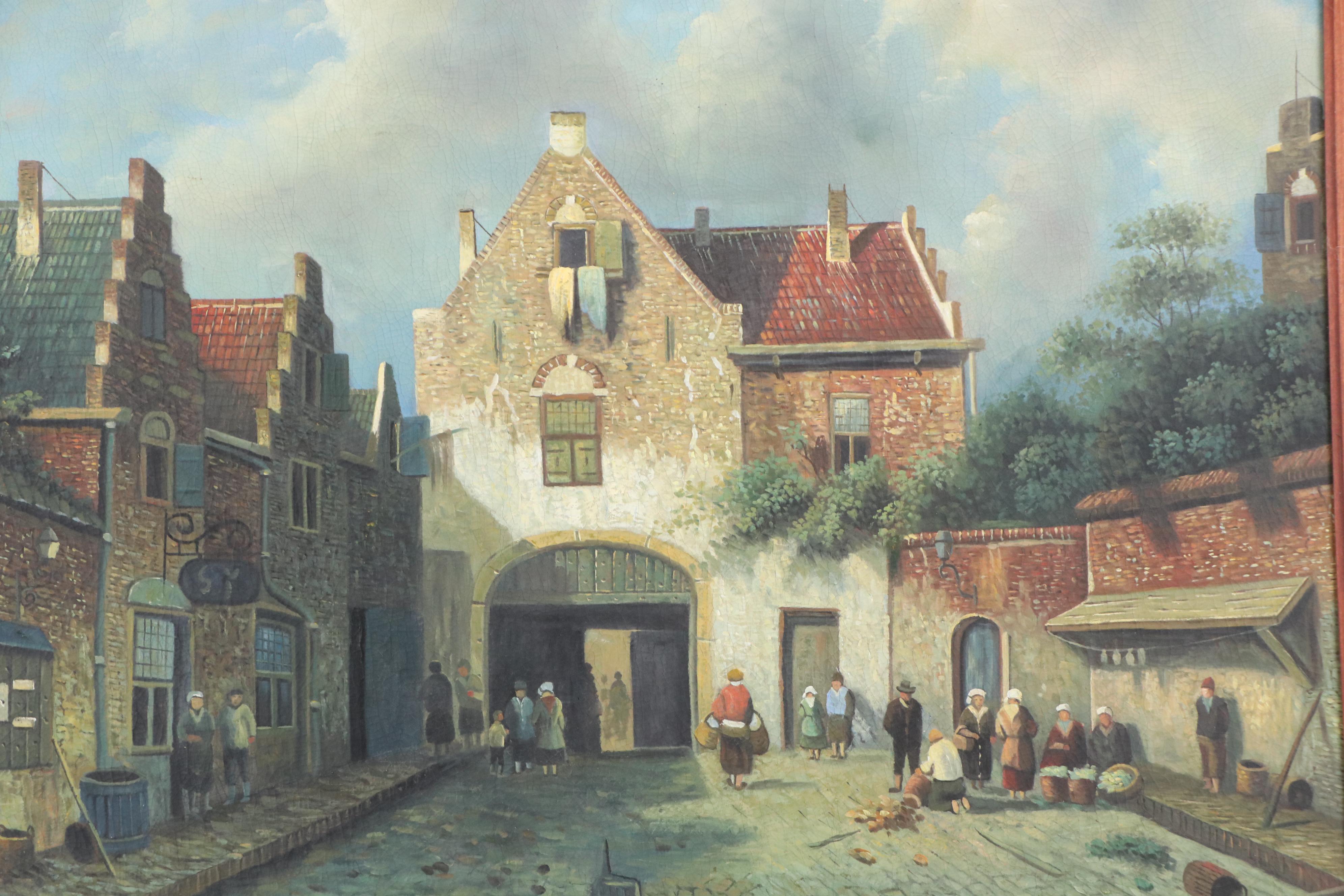 Large-Scale Oil Painting of Townfolk in Village Square After Charles Leickert