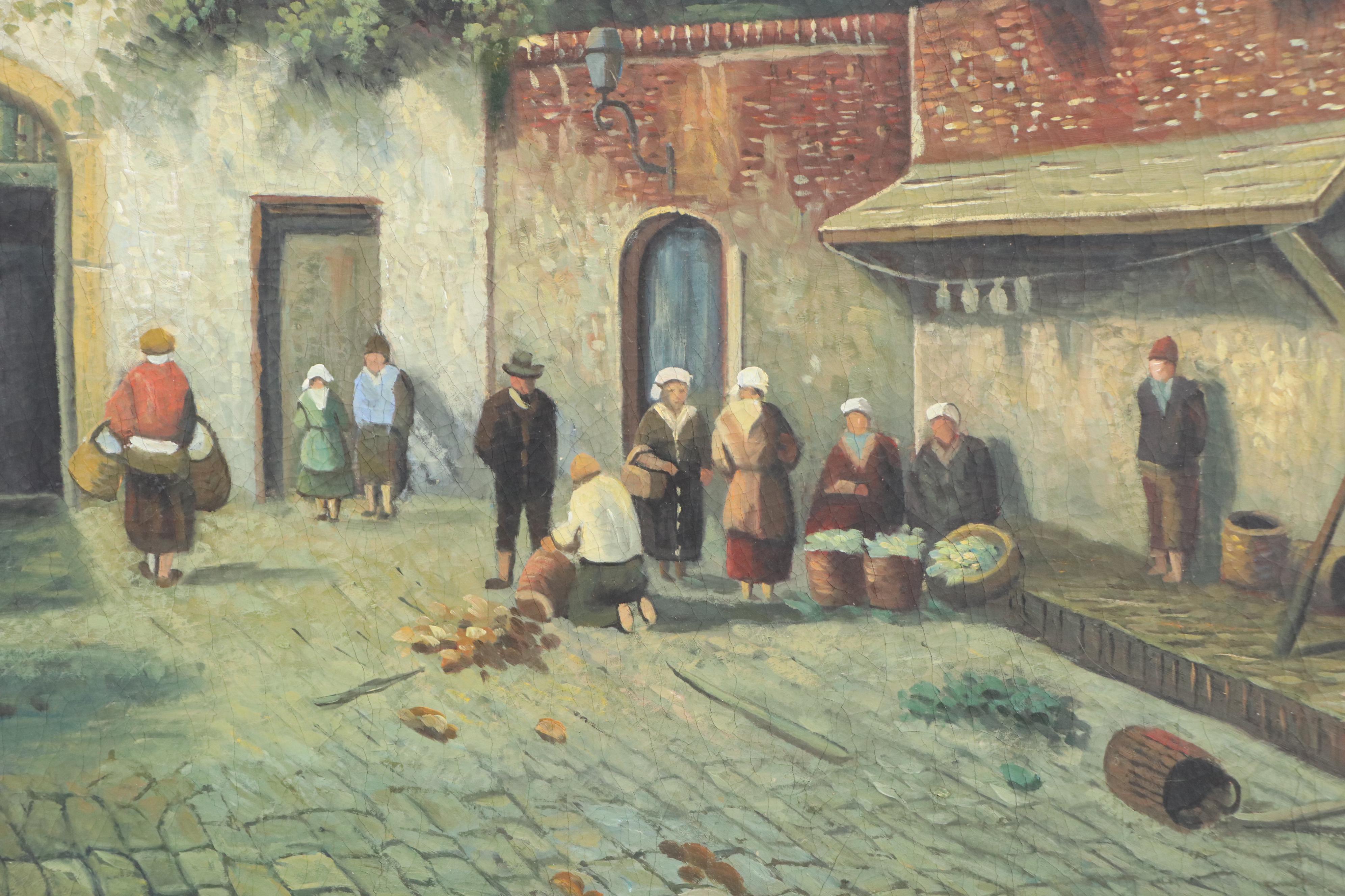 Large-Scale Oil Painting of Townfolk in Village Square After Charles Leickert