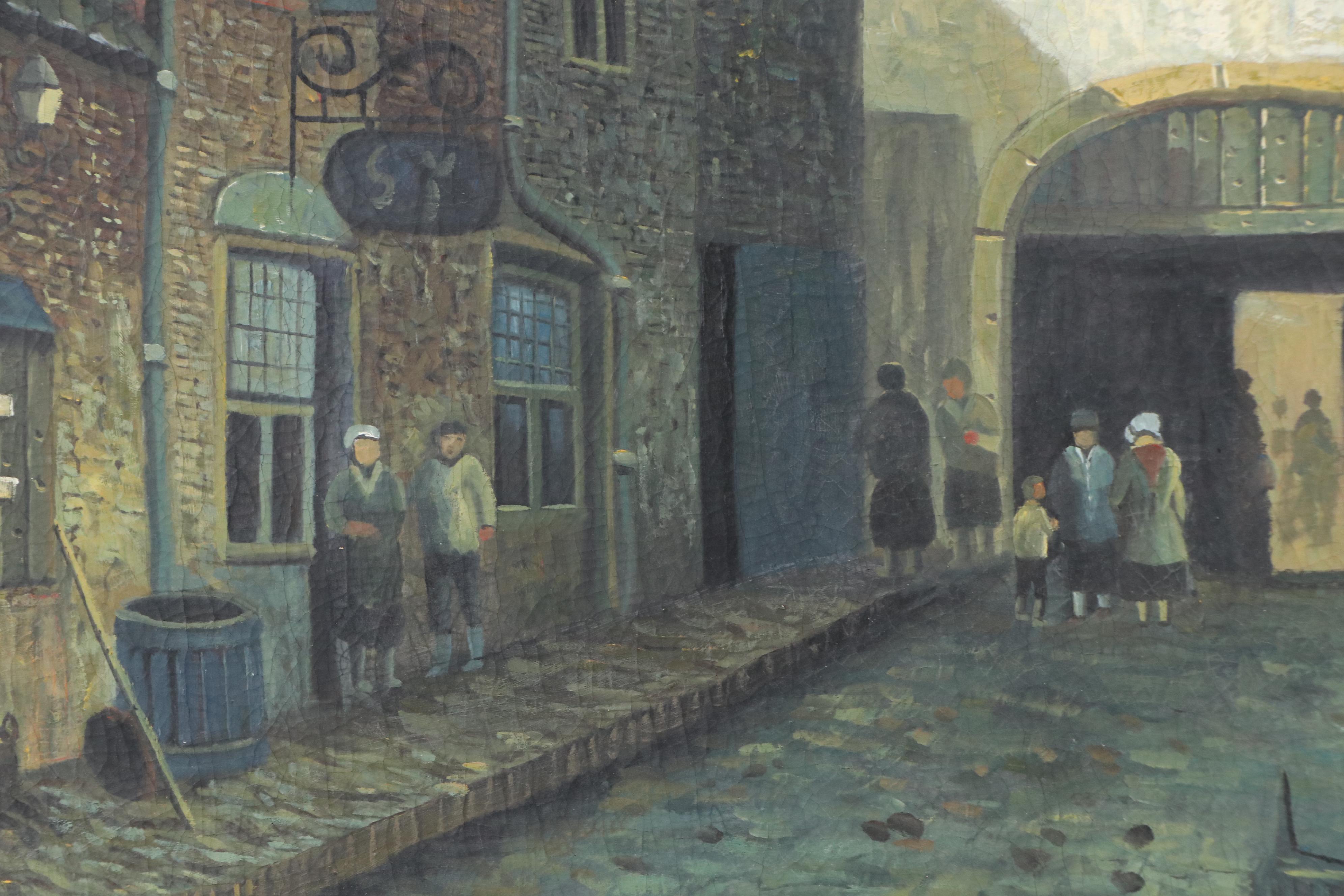 Large-Scale Oil Painting of Townfolk in Village Square After Charles Leickert