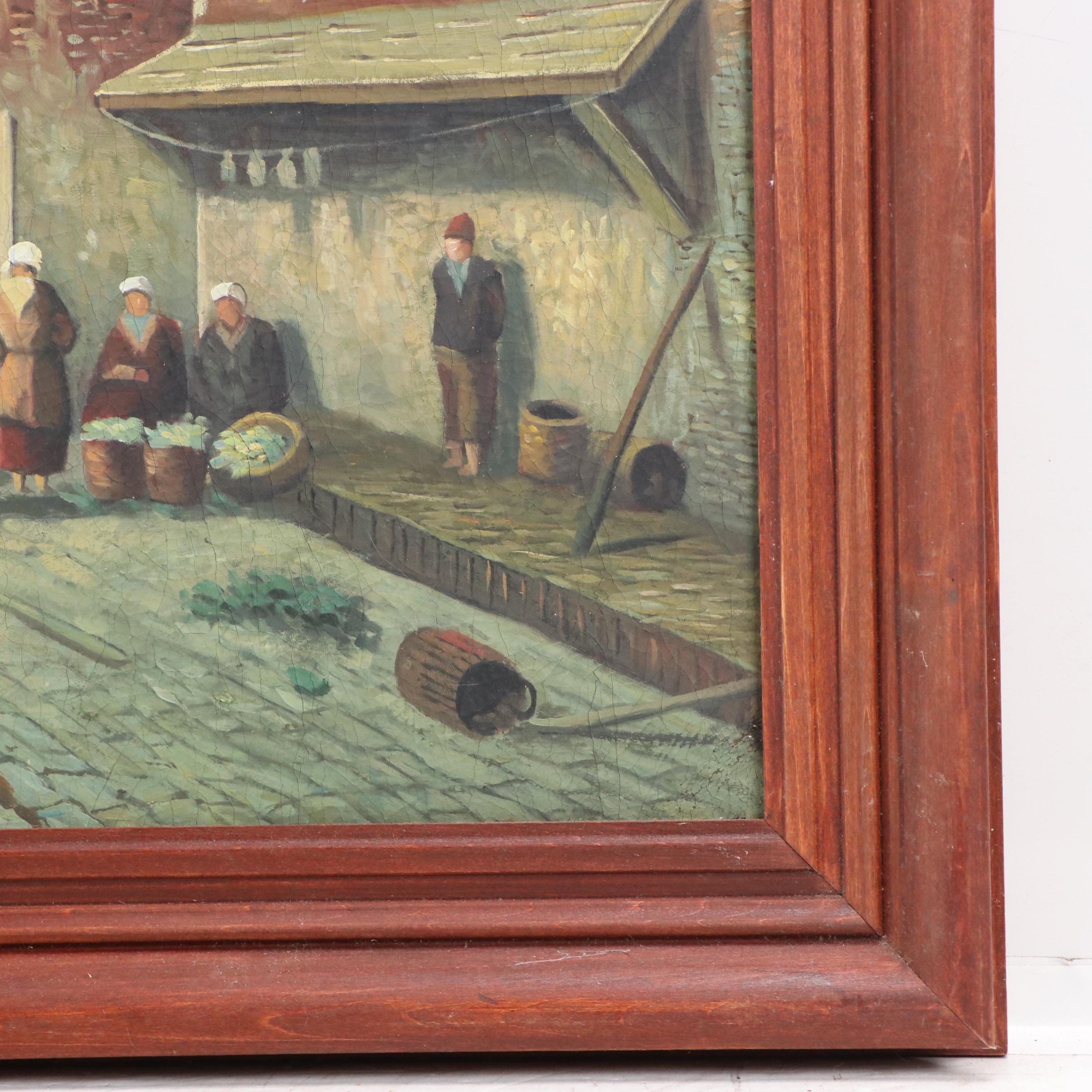 Large-Scale Oil Painting of Townfolk in Village Square After Charles Leickert