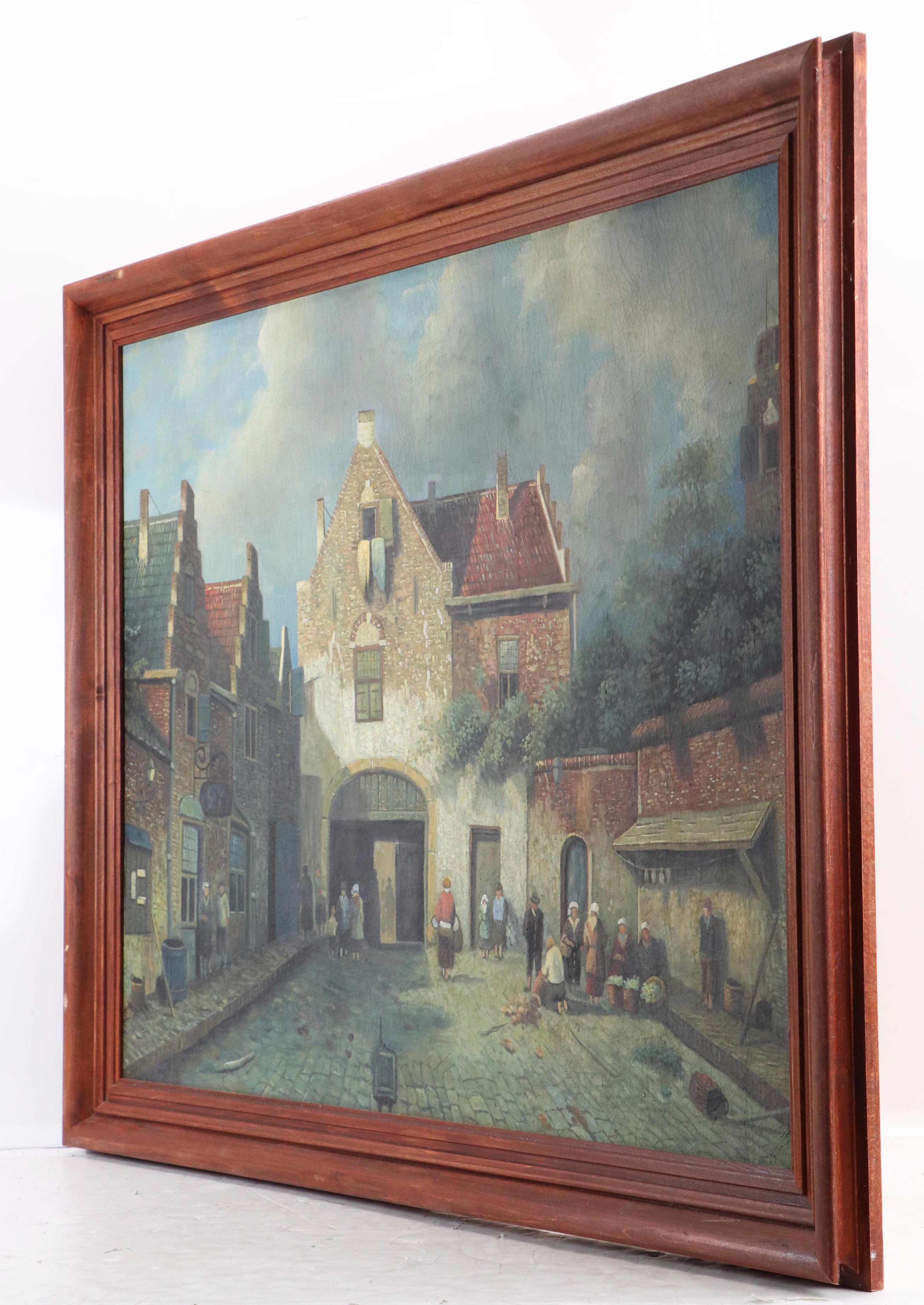 Large-Scale Oil Painting of Townfolk in Village Square After Charles Leickert