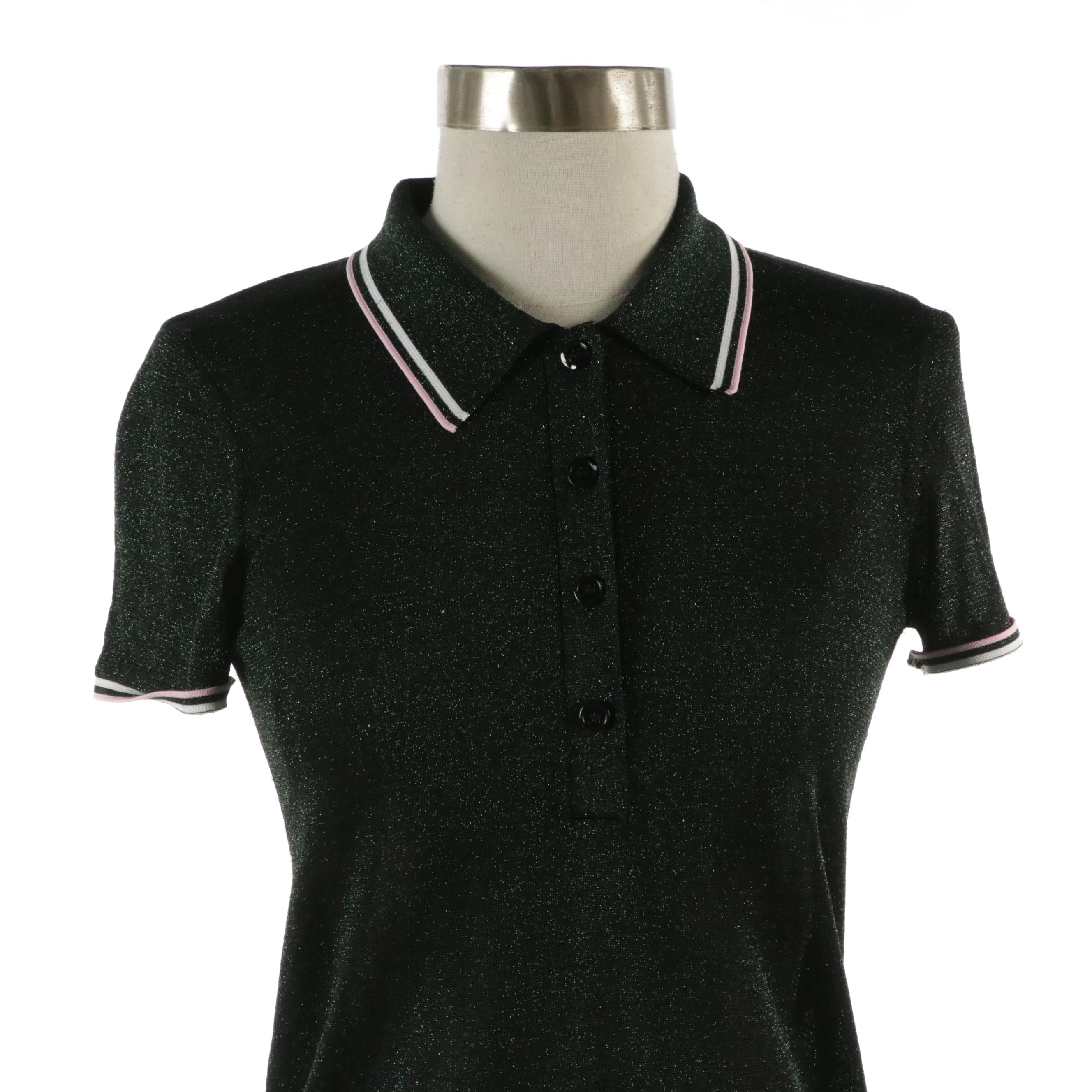 Alexander Wang Semi-Sheer Green Glitter Knit Polo Shirt in Viscose Stretch