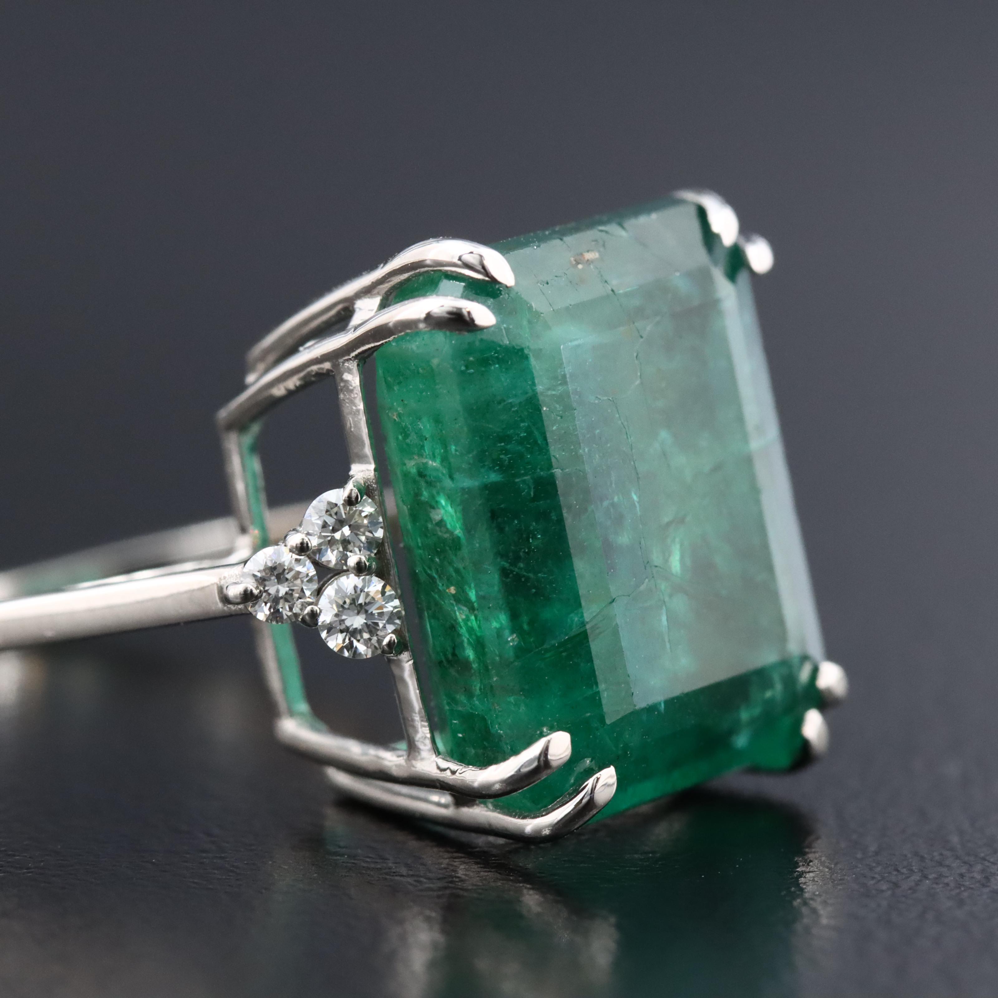 Platinum 10.50 CT Emerald and 0.18 CTW Diamond Ring