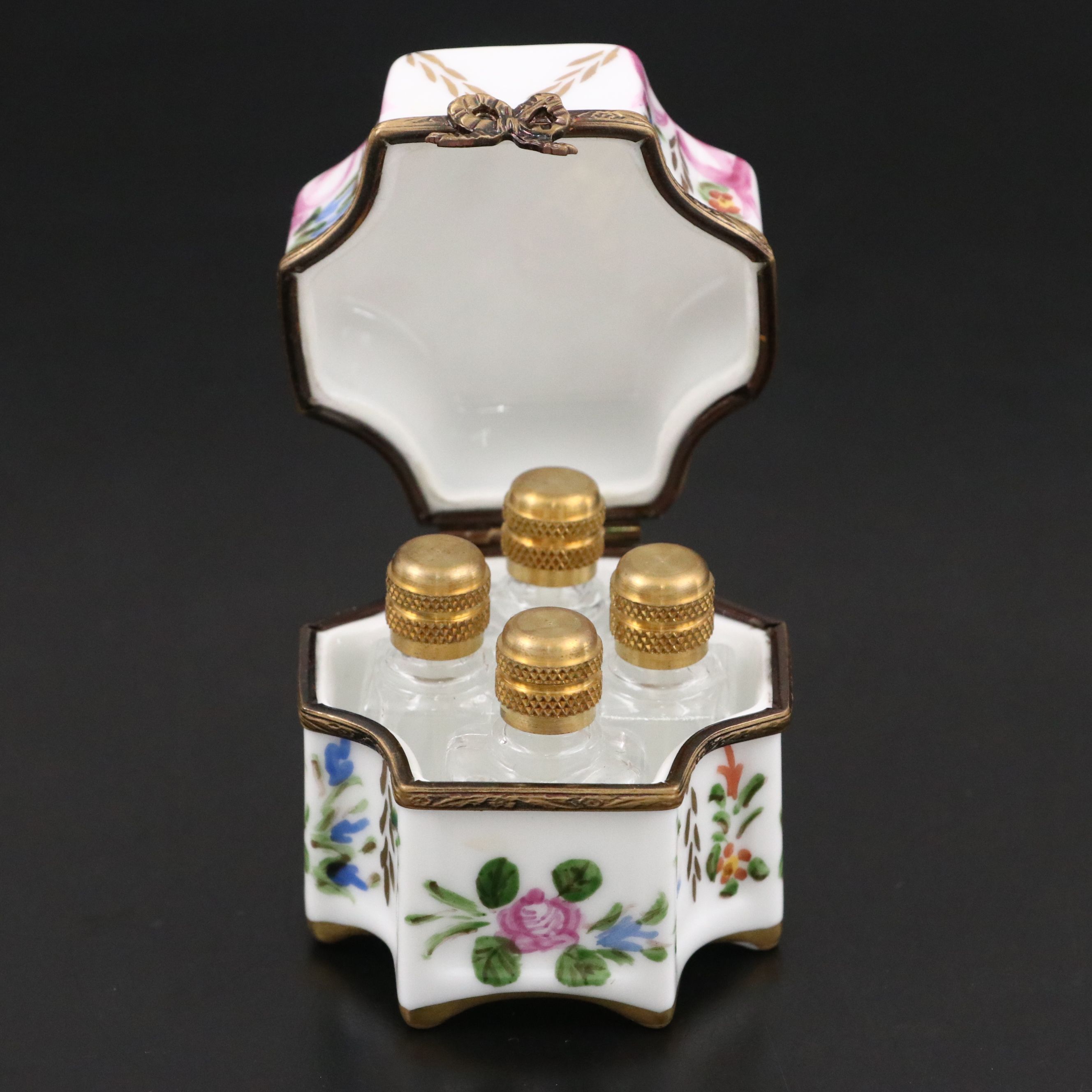 French Hand-Painted Porcelain Limoges Box with Perfume Bottles