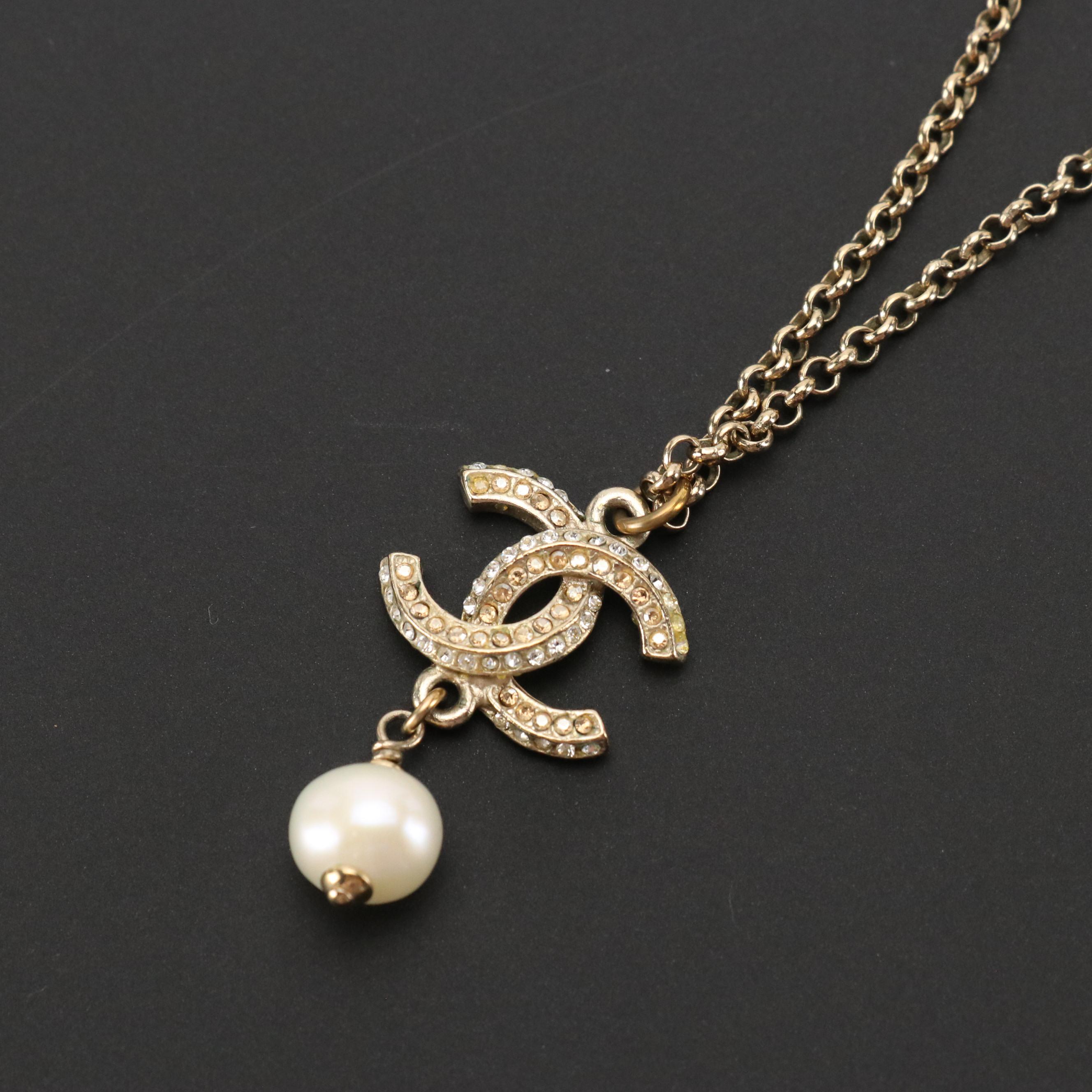 Chanel CC Crystal Imitation Pearl Pendant Necklace