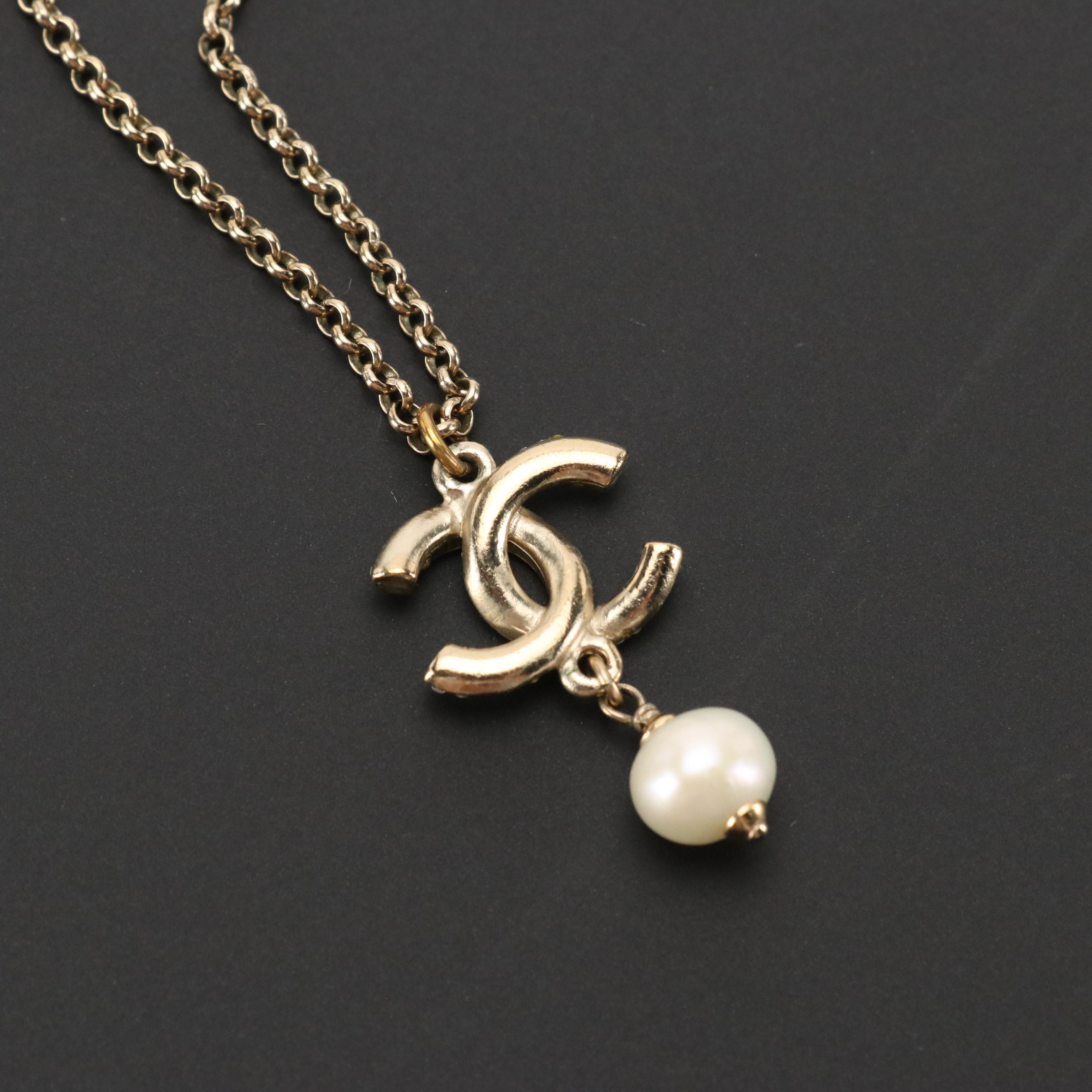 Chanel CC Crystal Imitation Pearl Pendant Necklace