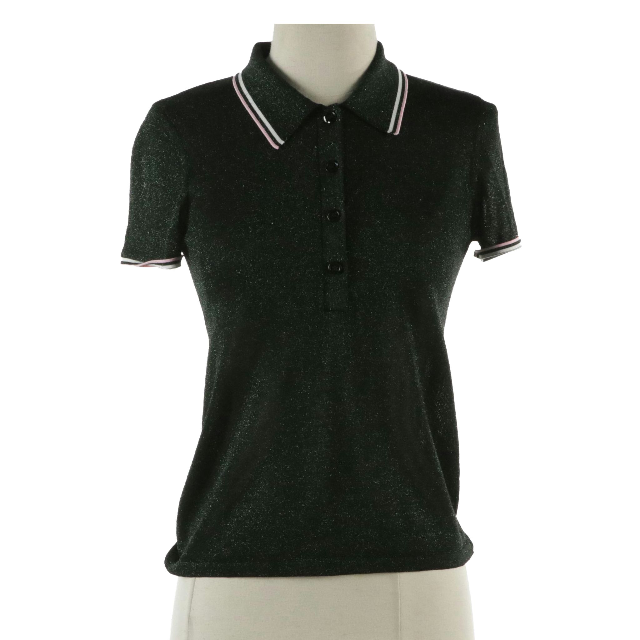 Alexander Wang Semi-Sheer Green Glitter Knit Polo Shirt in Viscose Stretch