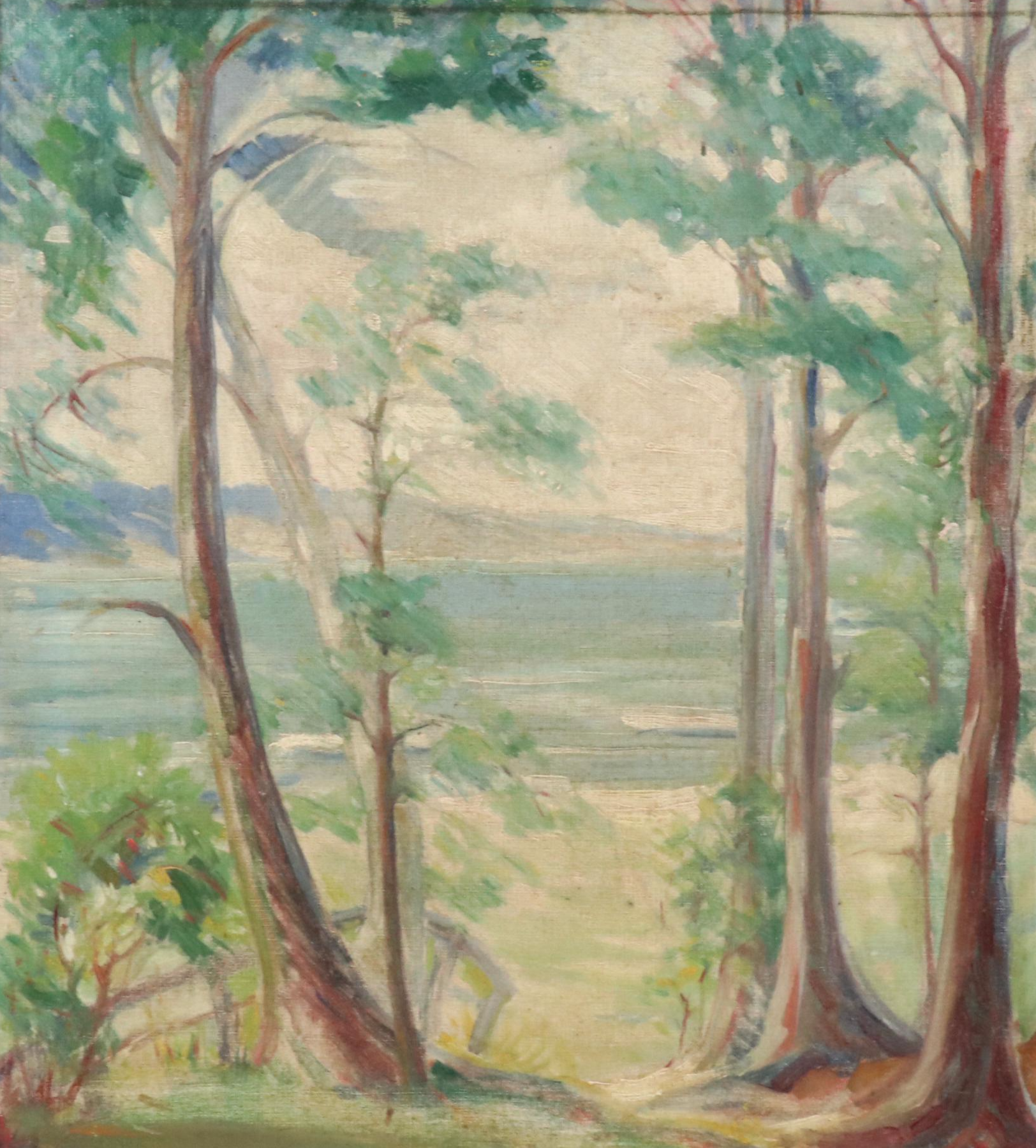 Elizabeth Merrill Ford Oil Painting of Wooded Hillside Looking at Sea, 1935