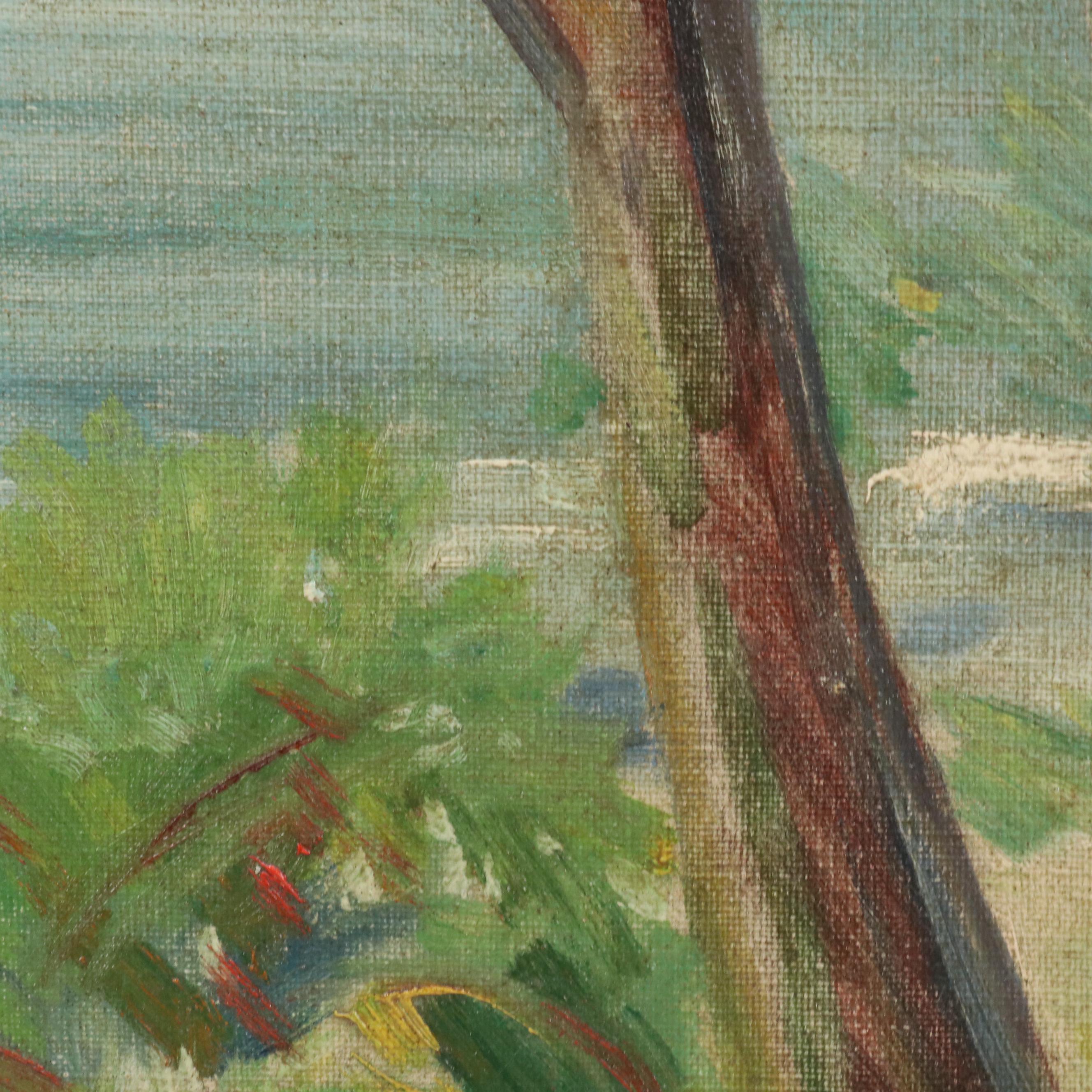 Elizabeth Merrill Ford Oil Painting of Wooded Hillside Looking at Sea, 1935