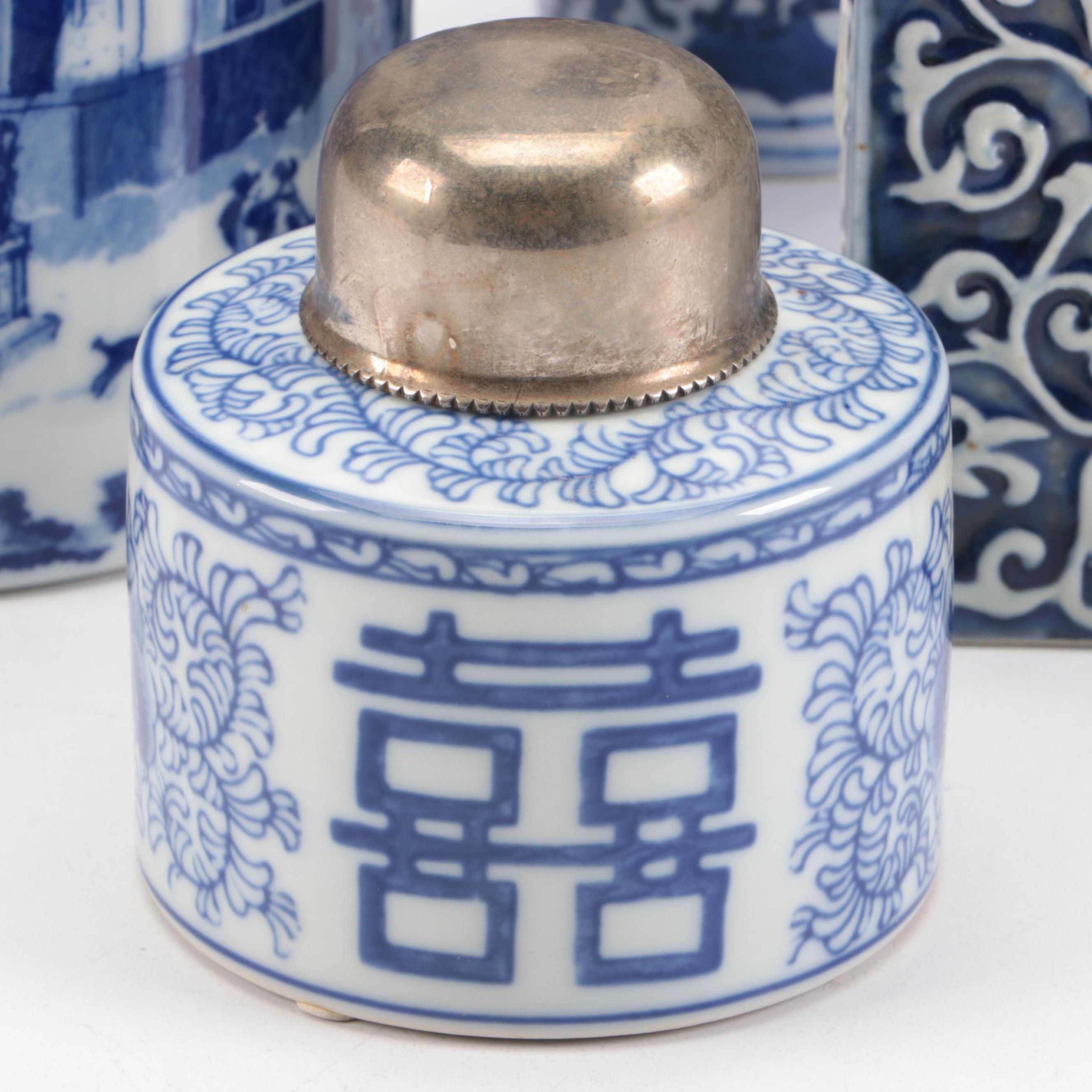 Two's Company with Other Blue and White Ceramic Jars and Vase