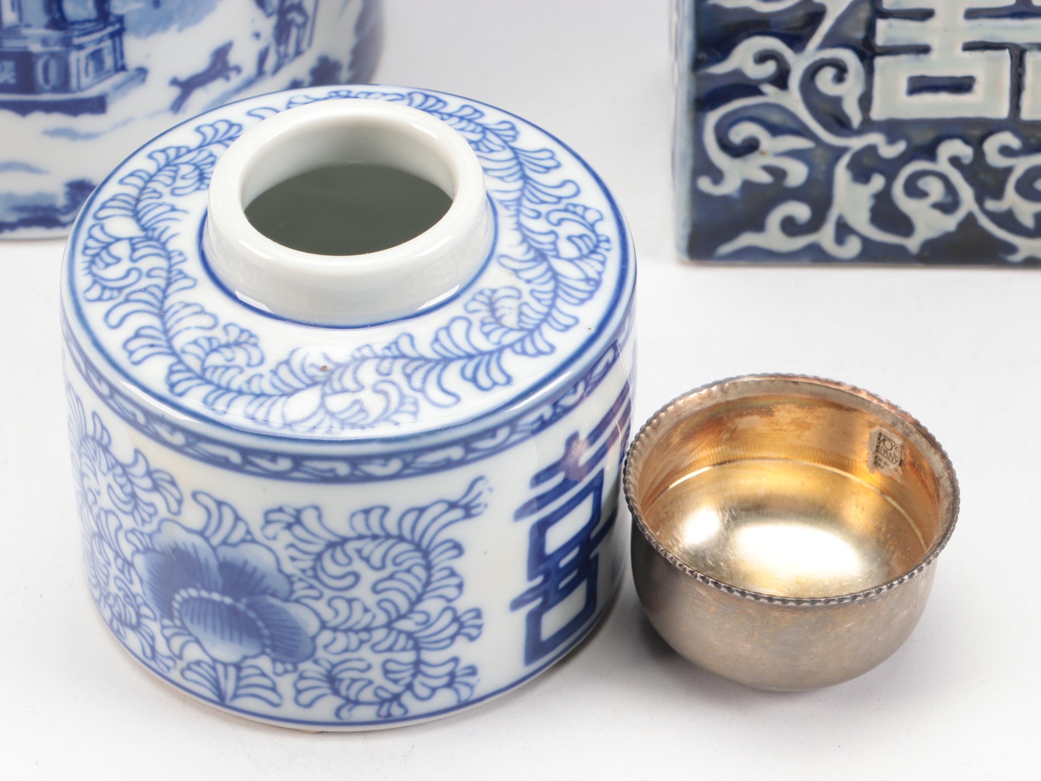 Two's Company with Other Blue and White Ceramic Jars and Vase