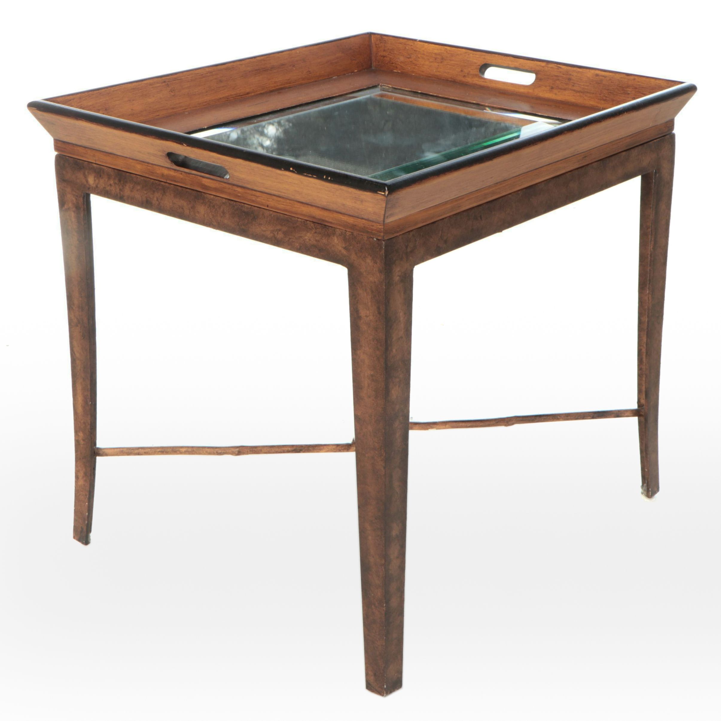 Glass Top Wood Tray Style End Table