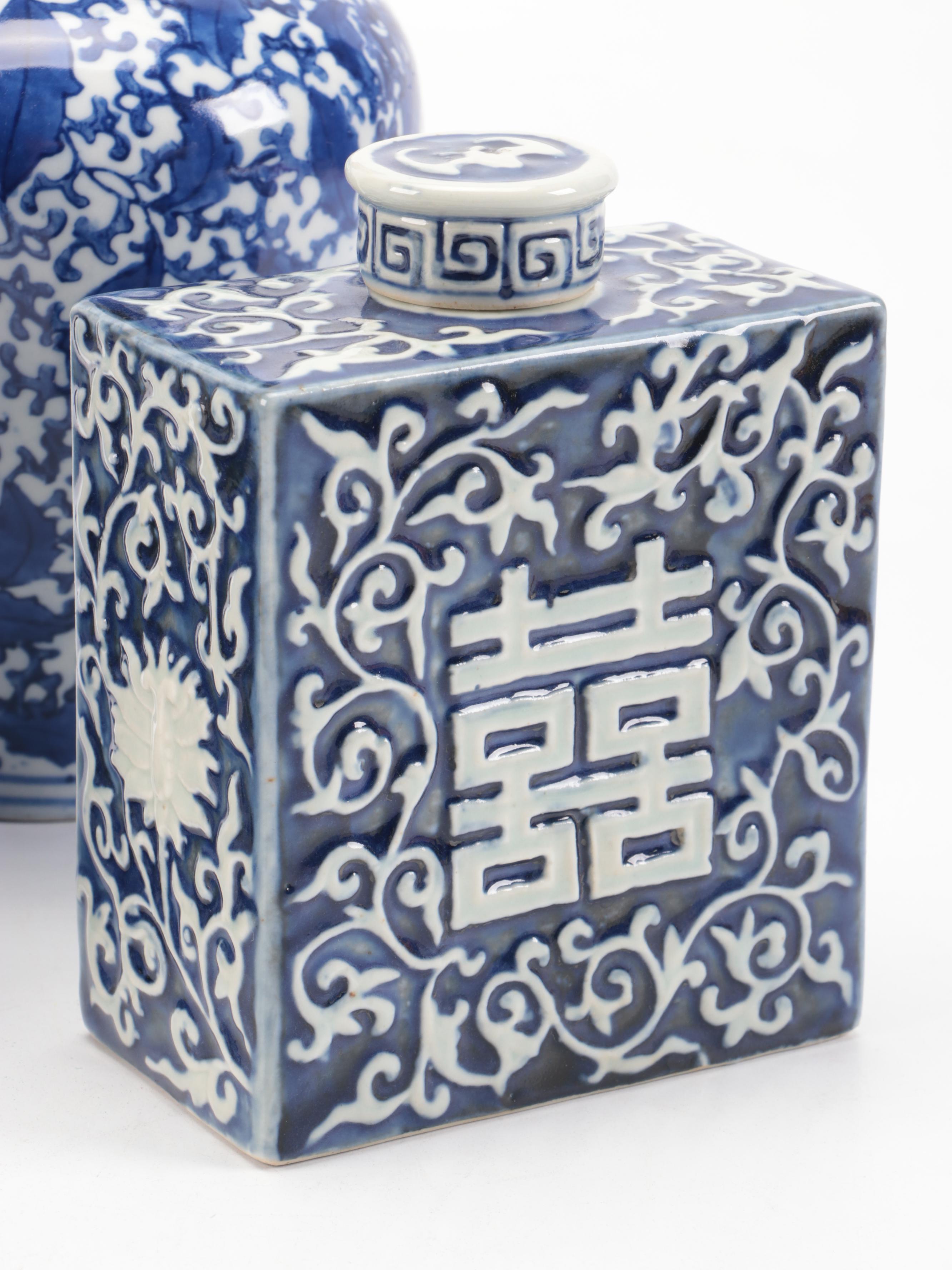 Two's Company with Other Blue and White Ceramic Jars and Vase