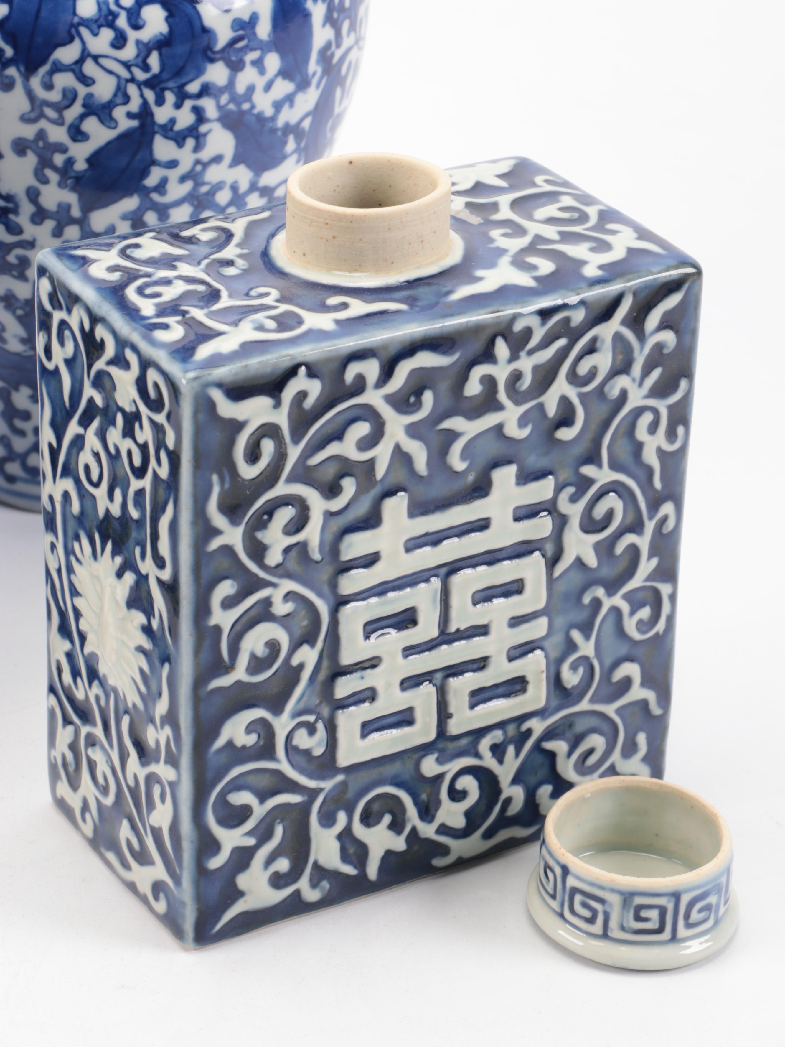 Two's Company with Other Blue and White Ceramic Jars and Vase