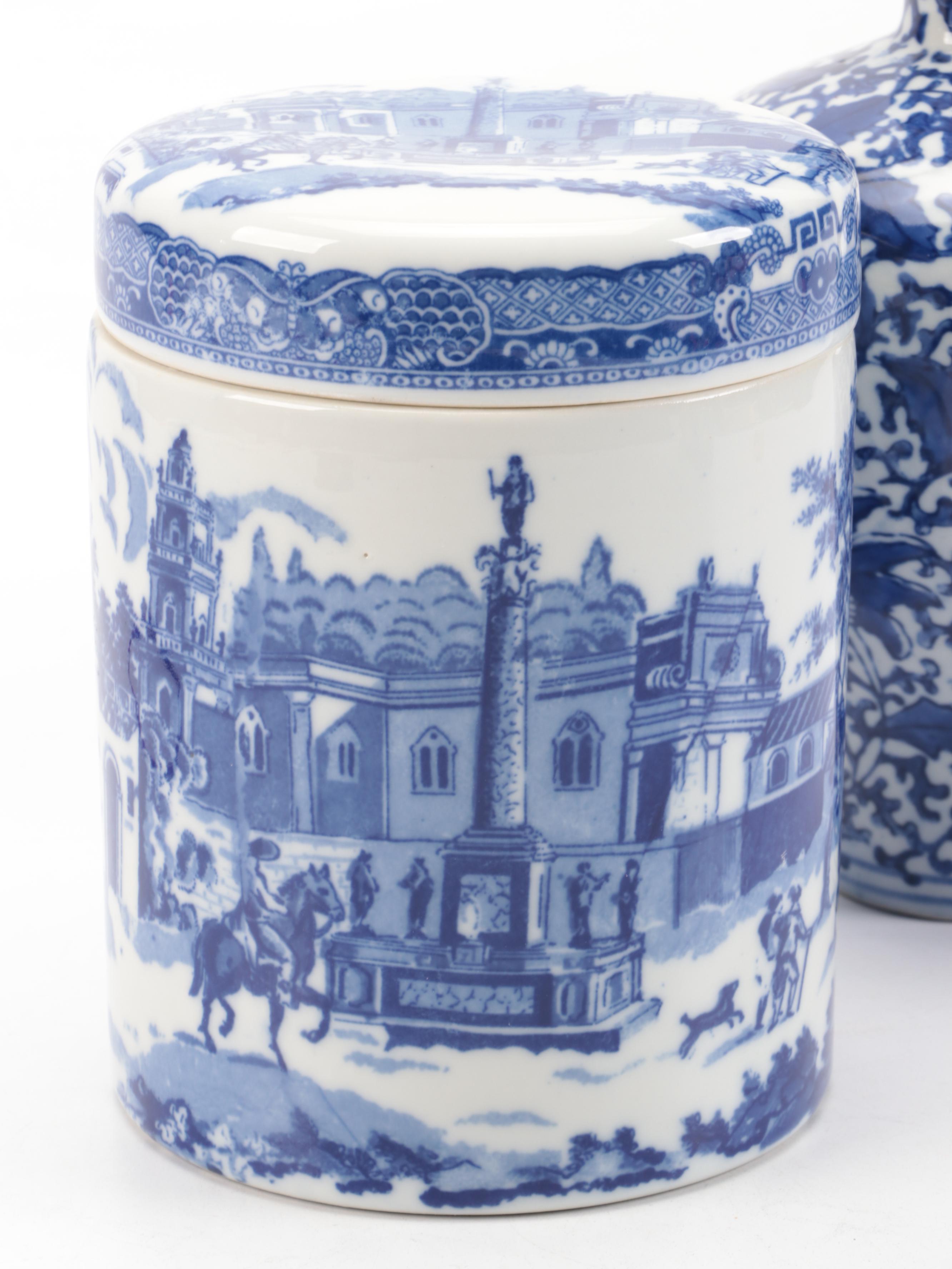 Two's Company with Other Blue and White Ceramic Jars and Vase