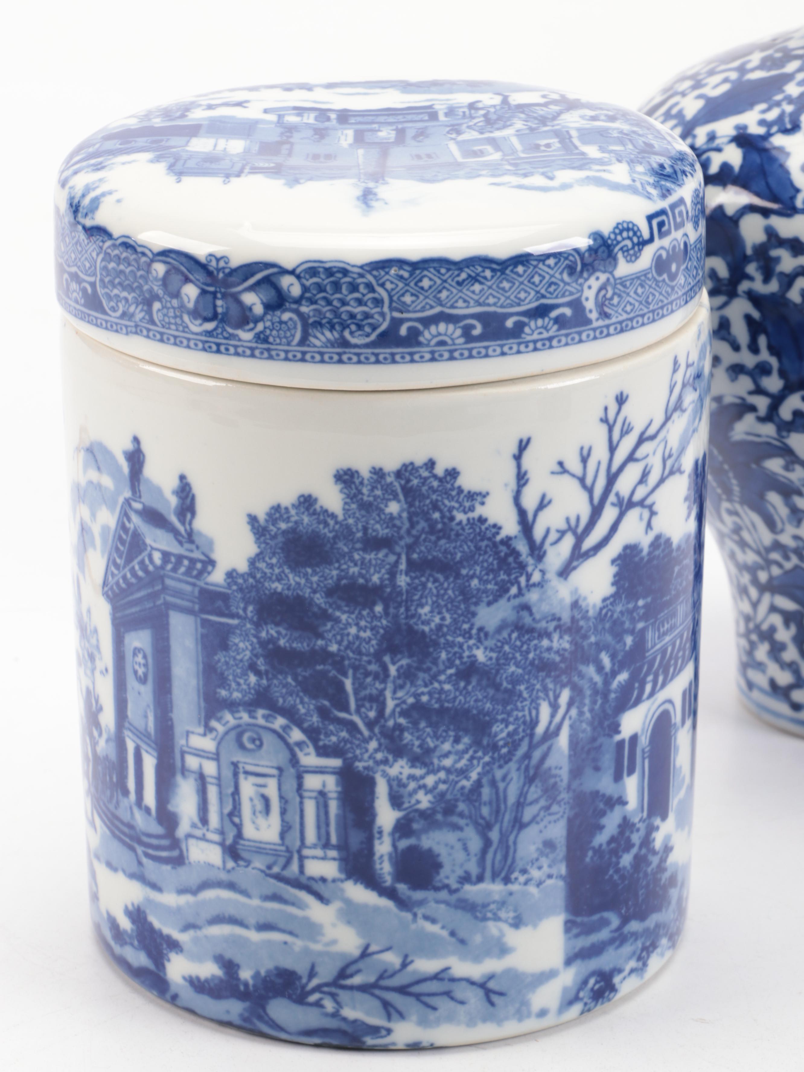 Two's Company with Other Blue and White Ceramic Jars and Vase