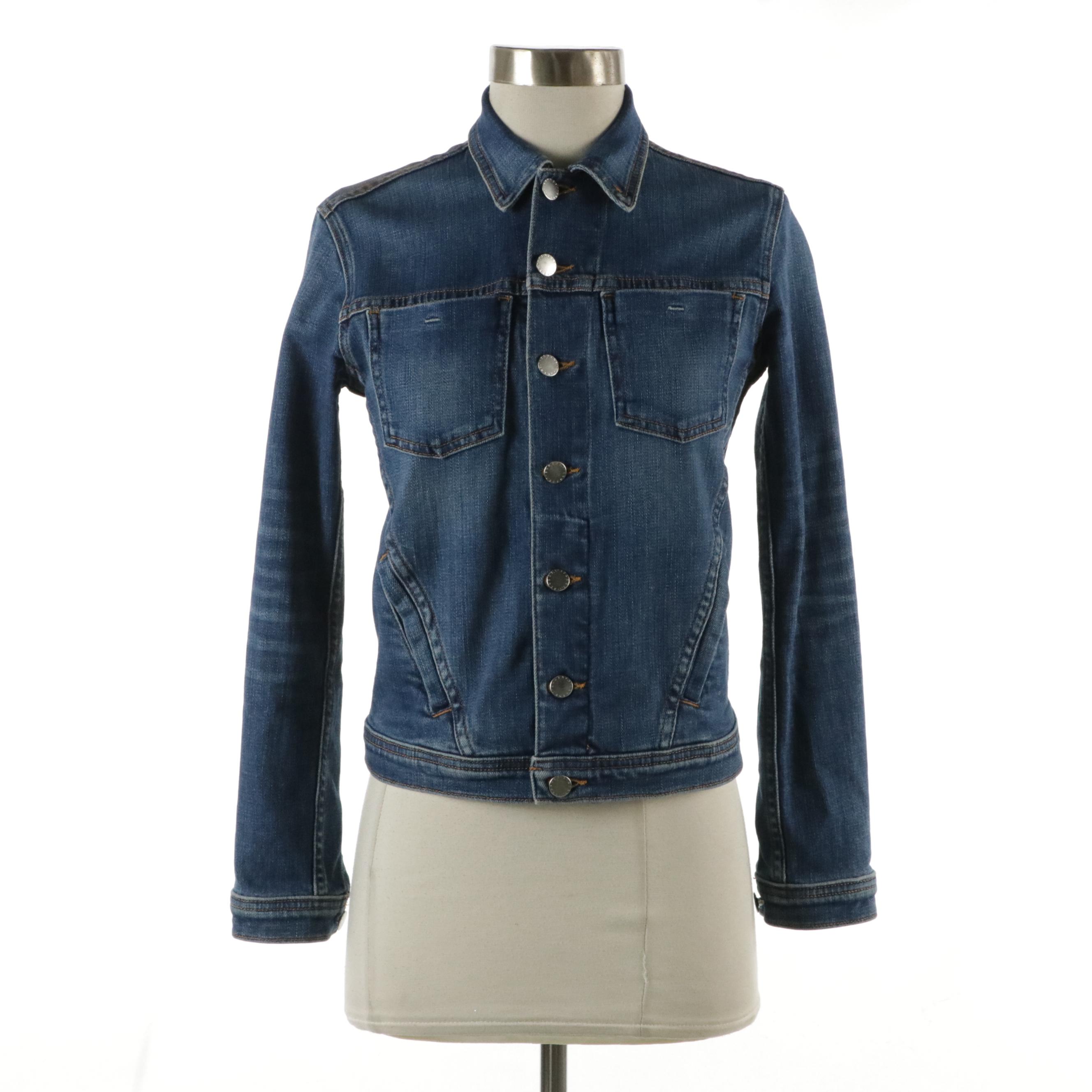 L'Agence Medium Wash Denim Jacket with Painted Rose Gold Foil Back Detail