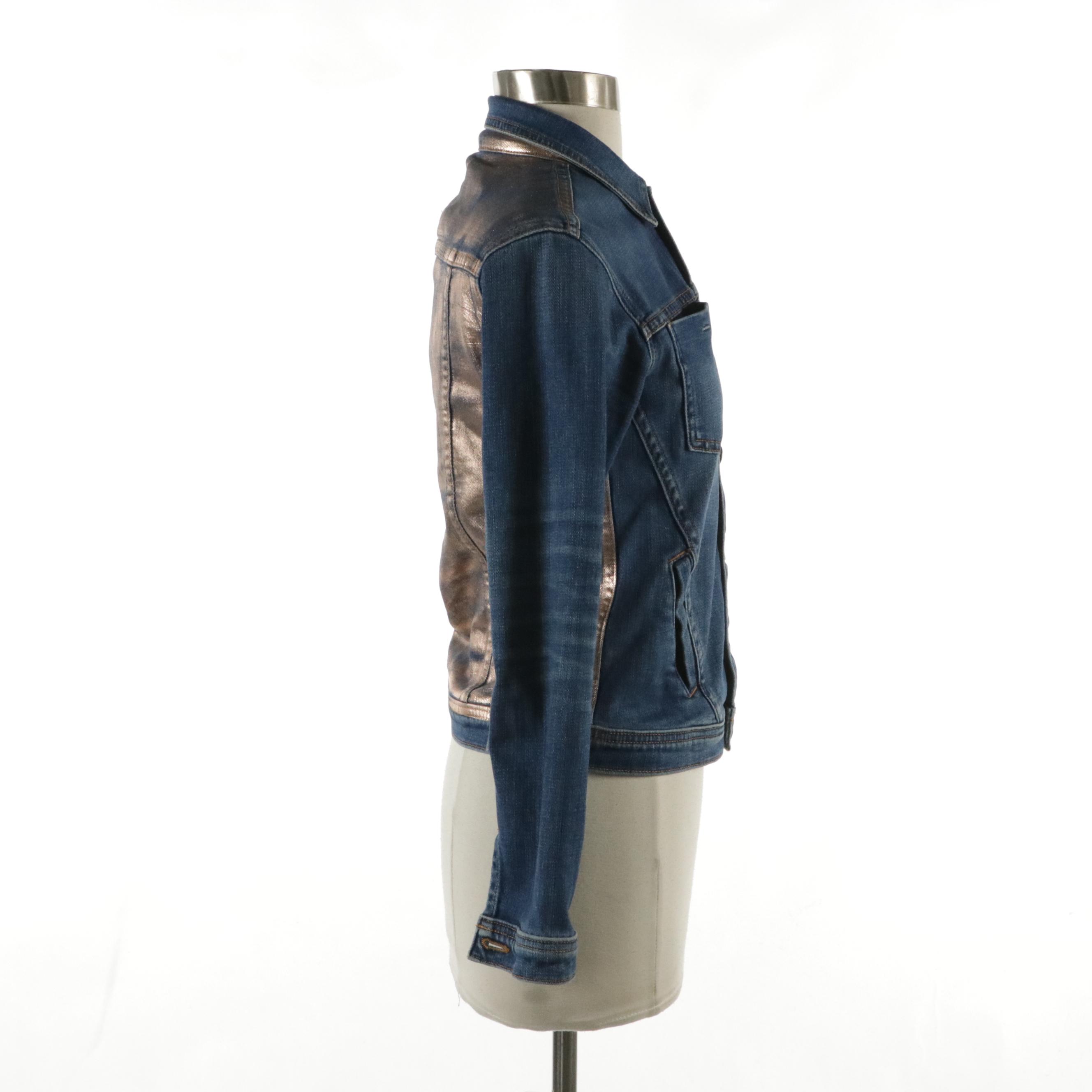 L'Agence Medium Wash Denim Jacket with Painted Rose Gold Foil Back Detail