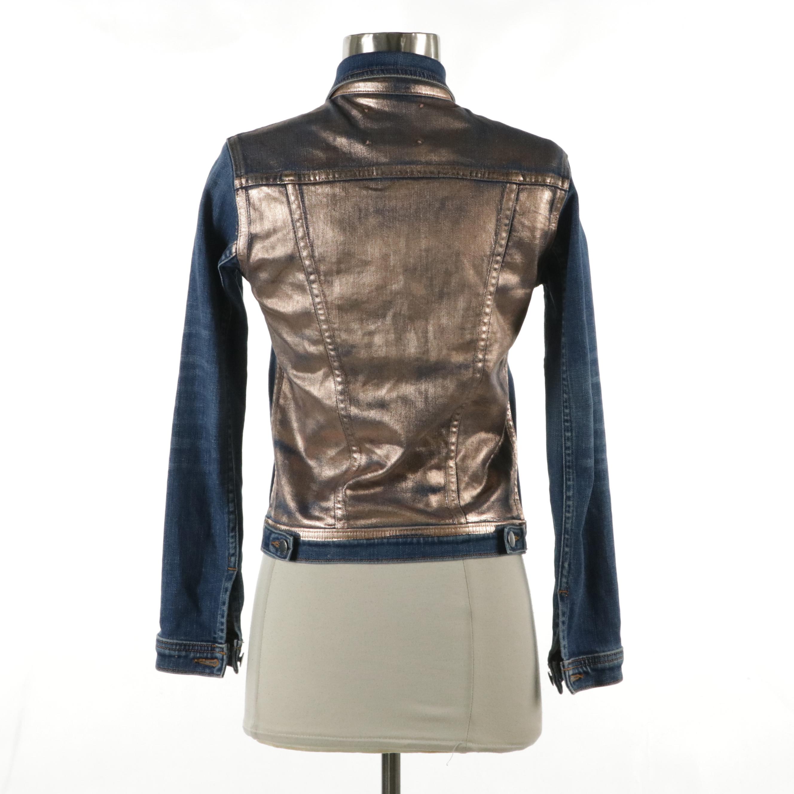 L'Agence Medium Wash Denim Jacket with Painted Rose Gold Foil Back Detail