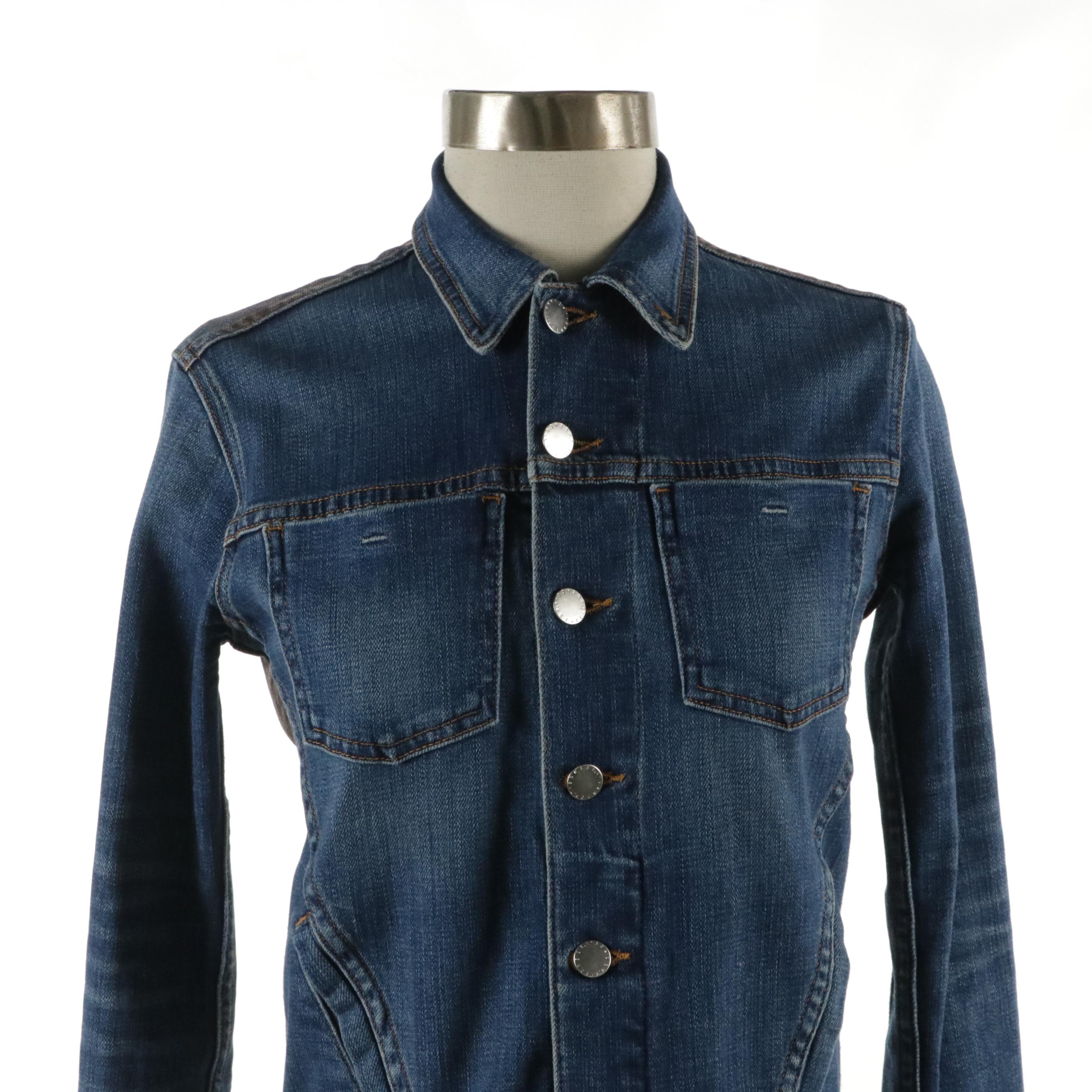 L'Agence Medium Wash Denim Jacket with Painted Rose Gold Foil Back Detail